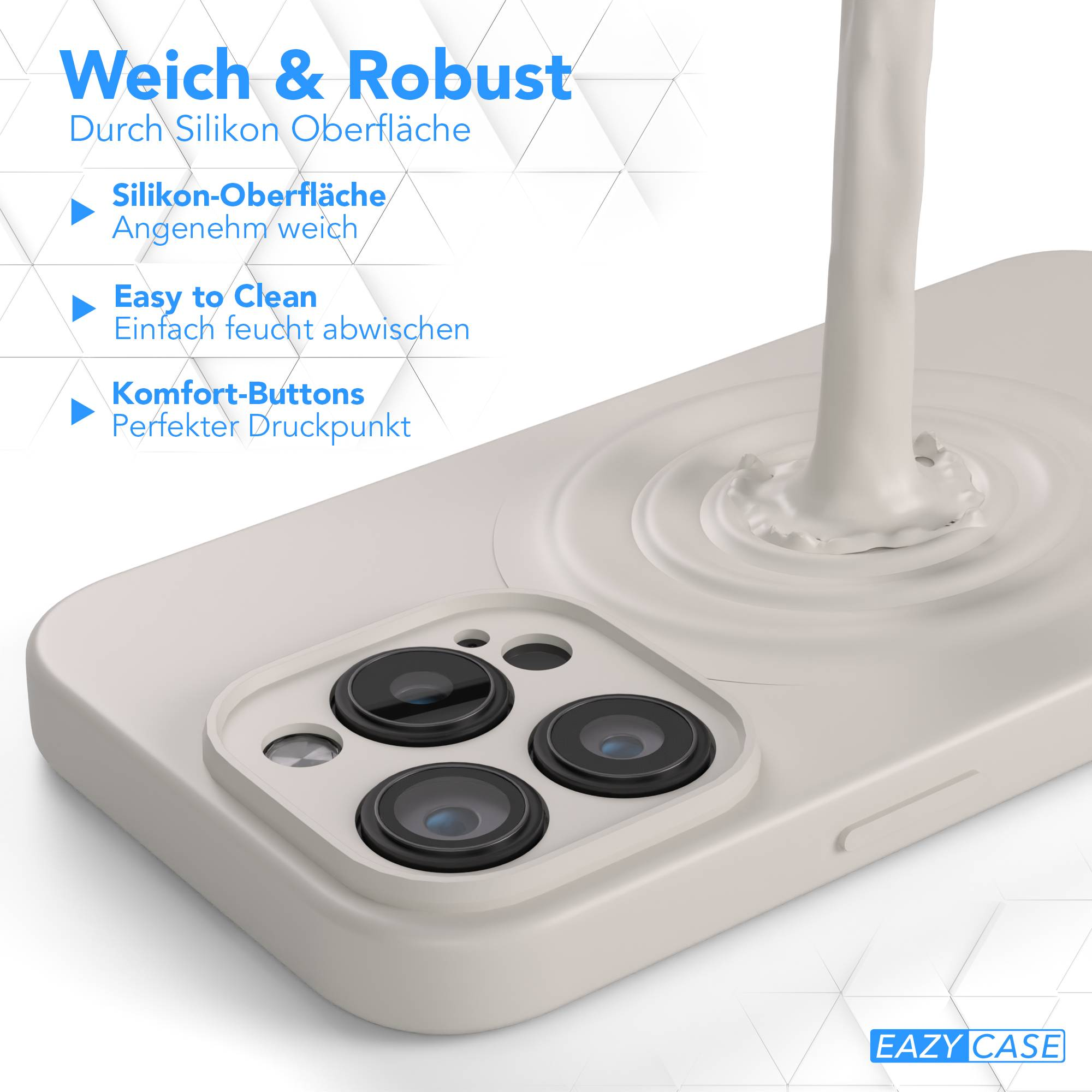 Ein Telefongehäuse mit drei Kameraöffnungen ist abgebildet. Eine Flüssigkeit wird auf das Gehäuse gegossen, wodurch ein Spritzer entsteht.