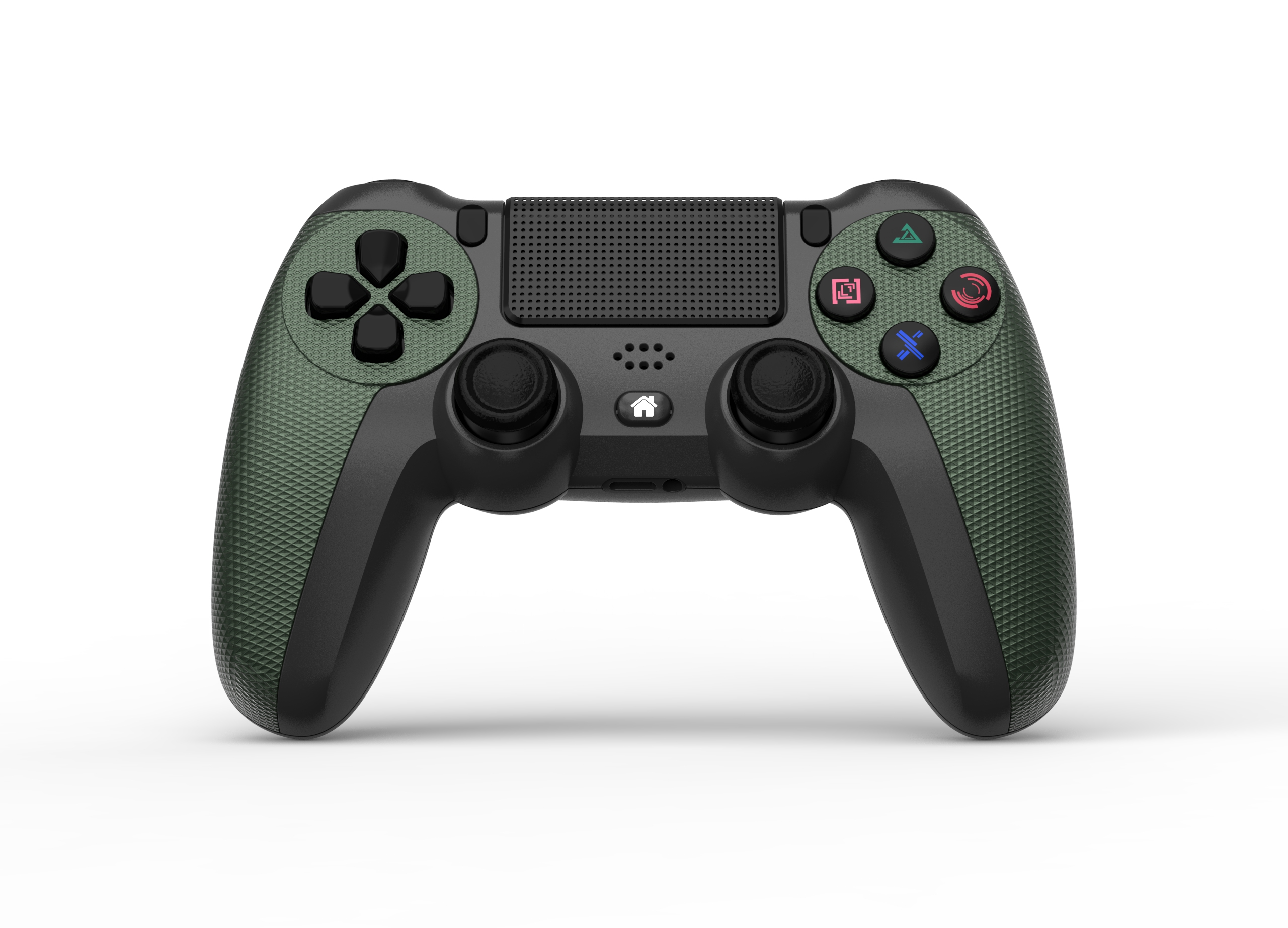 Ein grün-schwarzer Gamecontroller ist vor einem weißen Hintergrund zentriert. Er hat farbige Knöpfe.