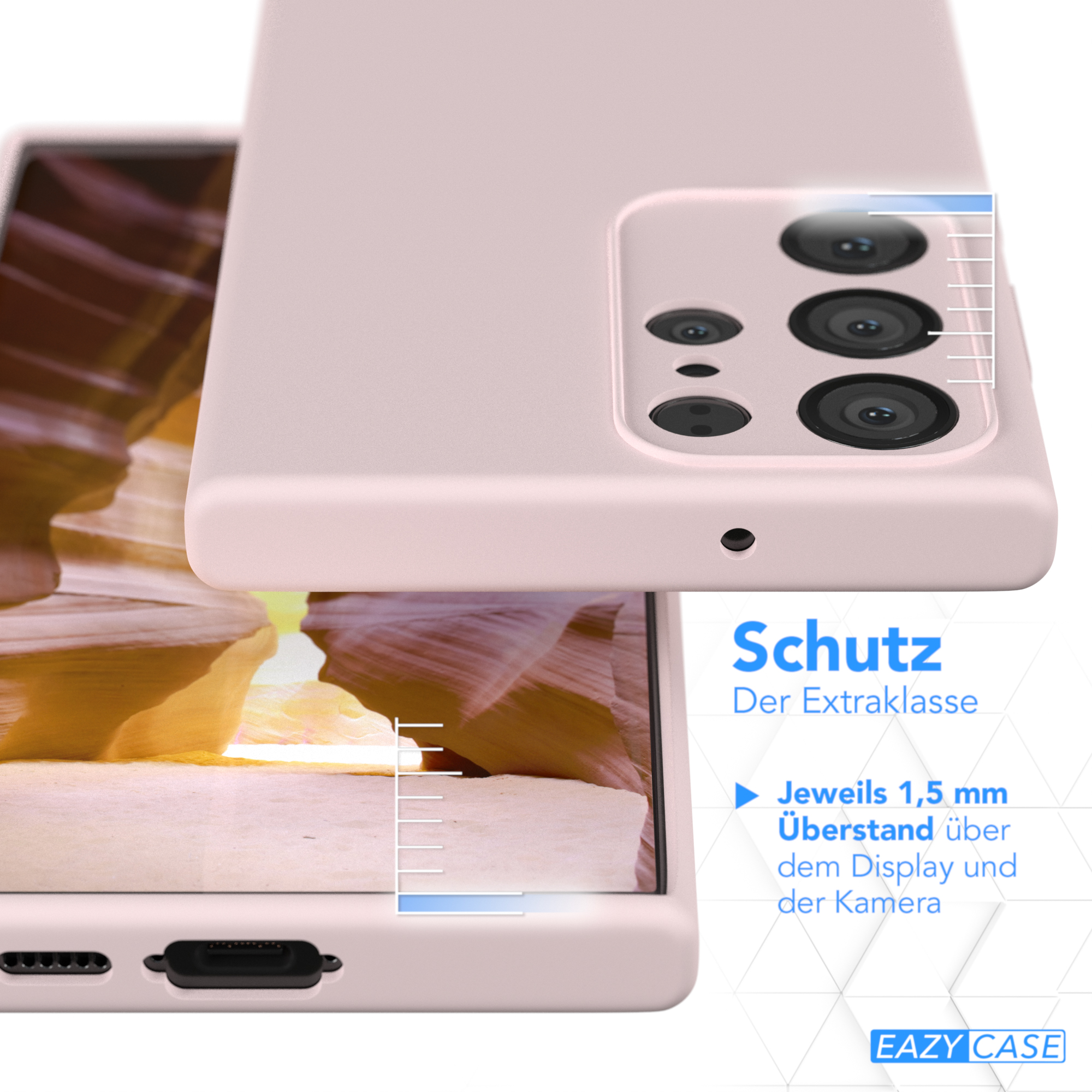 Eine pinkfarbene Handyhülle wird gezeigt und hebt eine 1,5 mm erhöhte Kante hervor. Die Hülle befindet sich über einem Telefon mit Canyonbild.