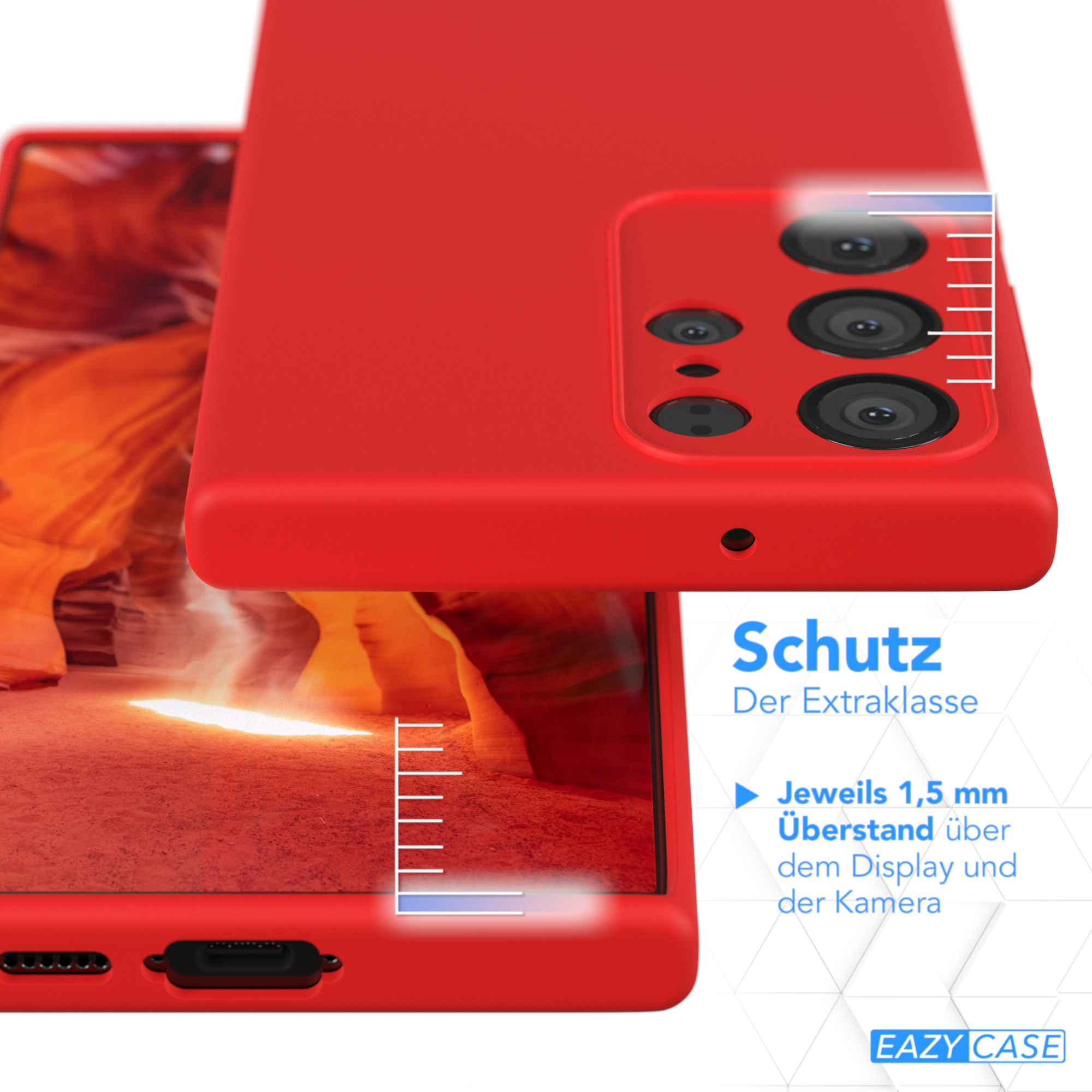 Eine rote Handyhülle bedeckt teilweise ein Telefon, das ein Canyonbild zeigt. Text bewirbt Schutzfunktionen.
