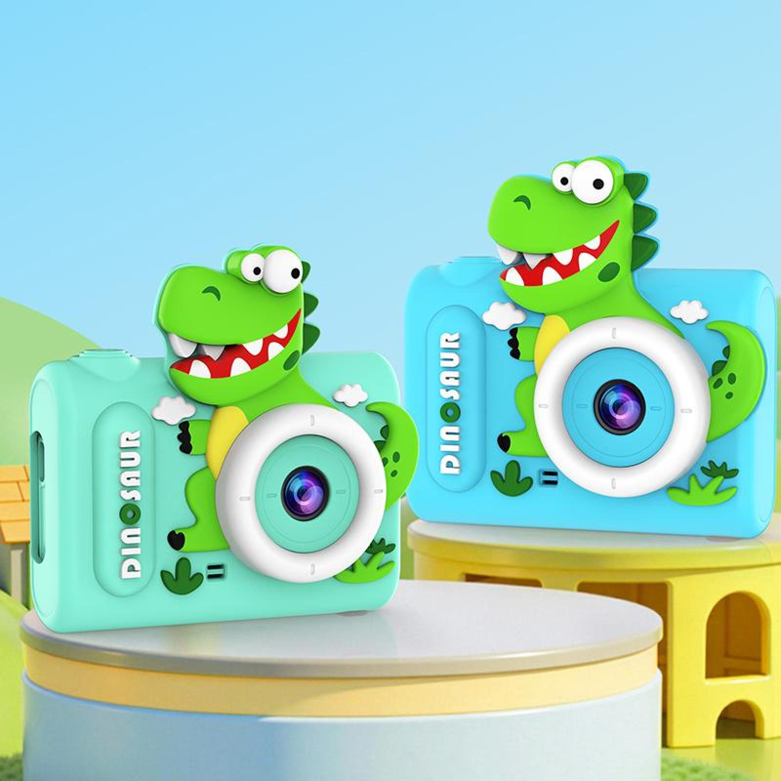 Zwei Spielzeugkameras in Dinosaurierform. Eine ist türkis, die andere blau. Beide haben eine weiße Linse und einen grünen Dinosaurierkopf.