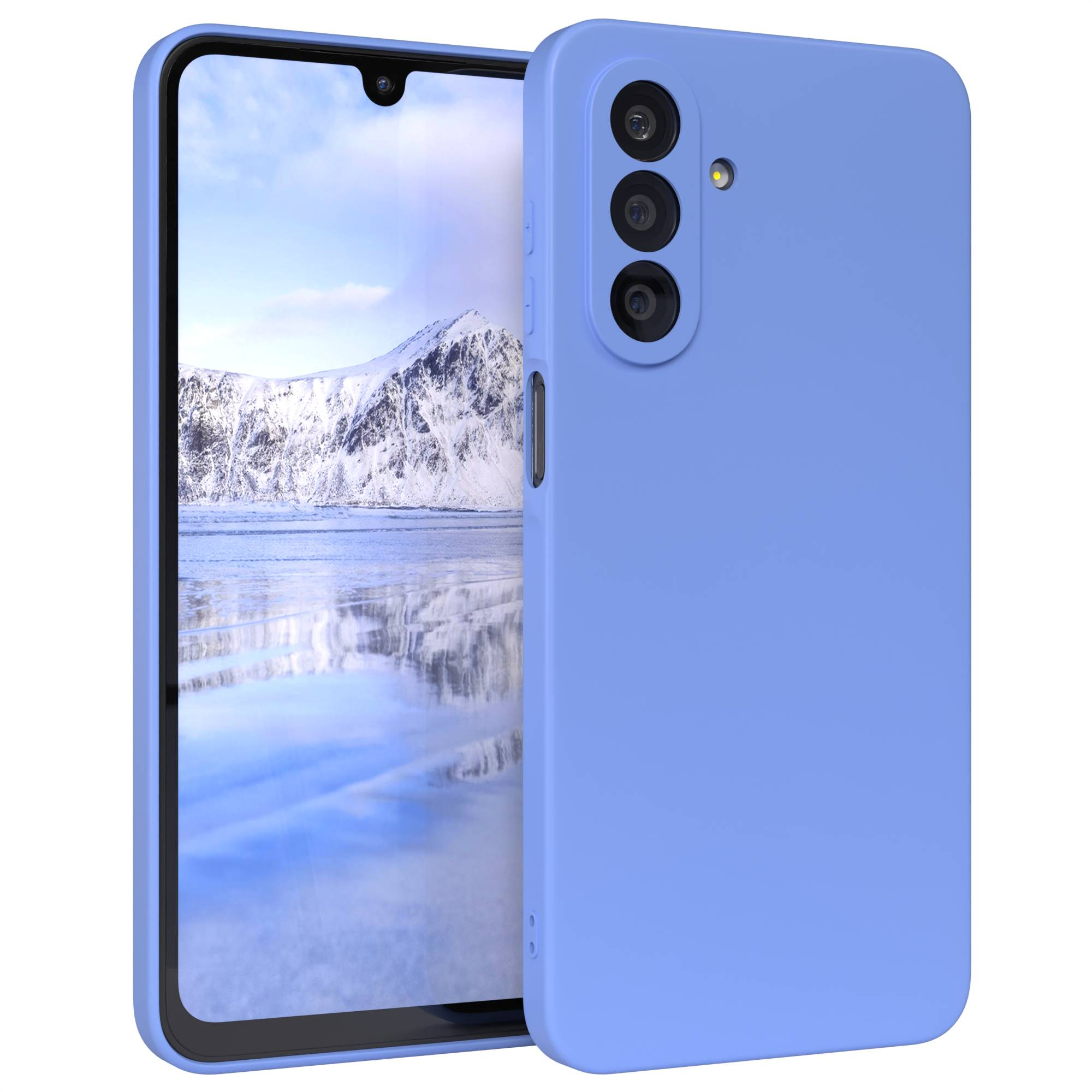 Ein blaues Telefon in einer passenden Hülle ist abgebildet. Der Bildschirm zeigt eine schneebedeckte Berglandschaft. Das Telefon hat drei Kameras.
