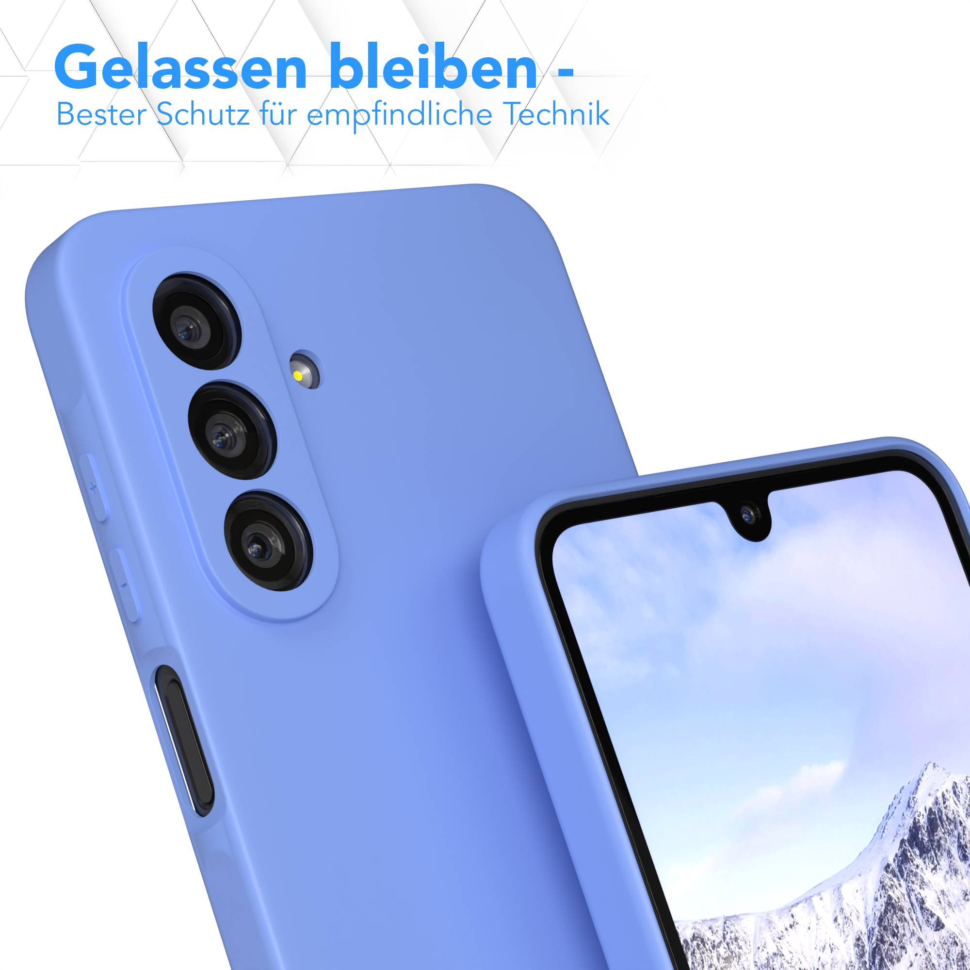 Zwei blaue Handyhüllen, eine mit sichtbaren Kameras. Im Hintergrund ist eine schneebedeckte Bergkette zu sehen, Himmel sichtbar. Deutsch oben.