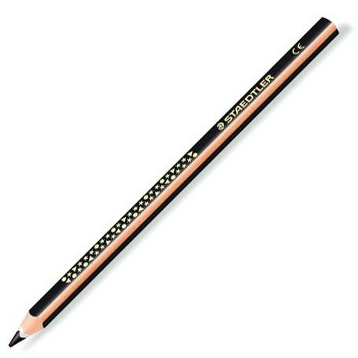 Ein Staedtler-Bleistift, schwarz mit goldenen Sternen und einem hellbraunen Mittelteil, liegt diagonal auf weißem Hintergrund. Die Spitze ist spitz.