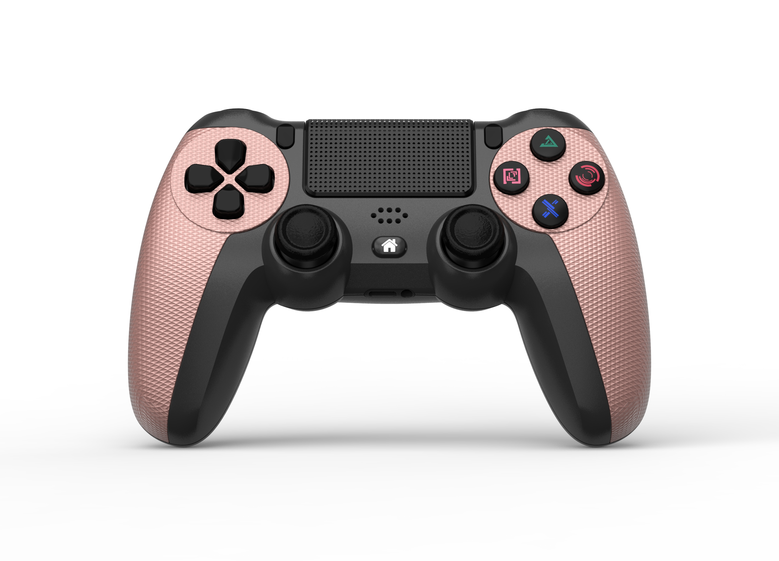 Ein roségoldener und schwarzer Gamecontroller auf weißem Hintergrund. Es hat Knöpfe und Joysticks.