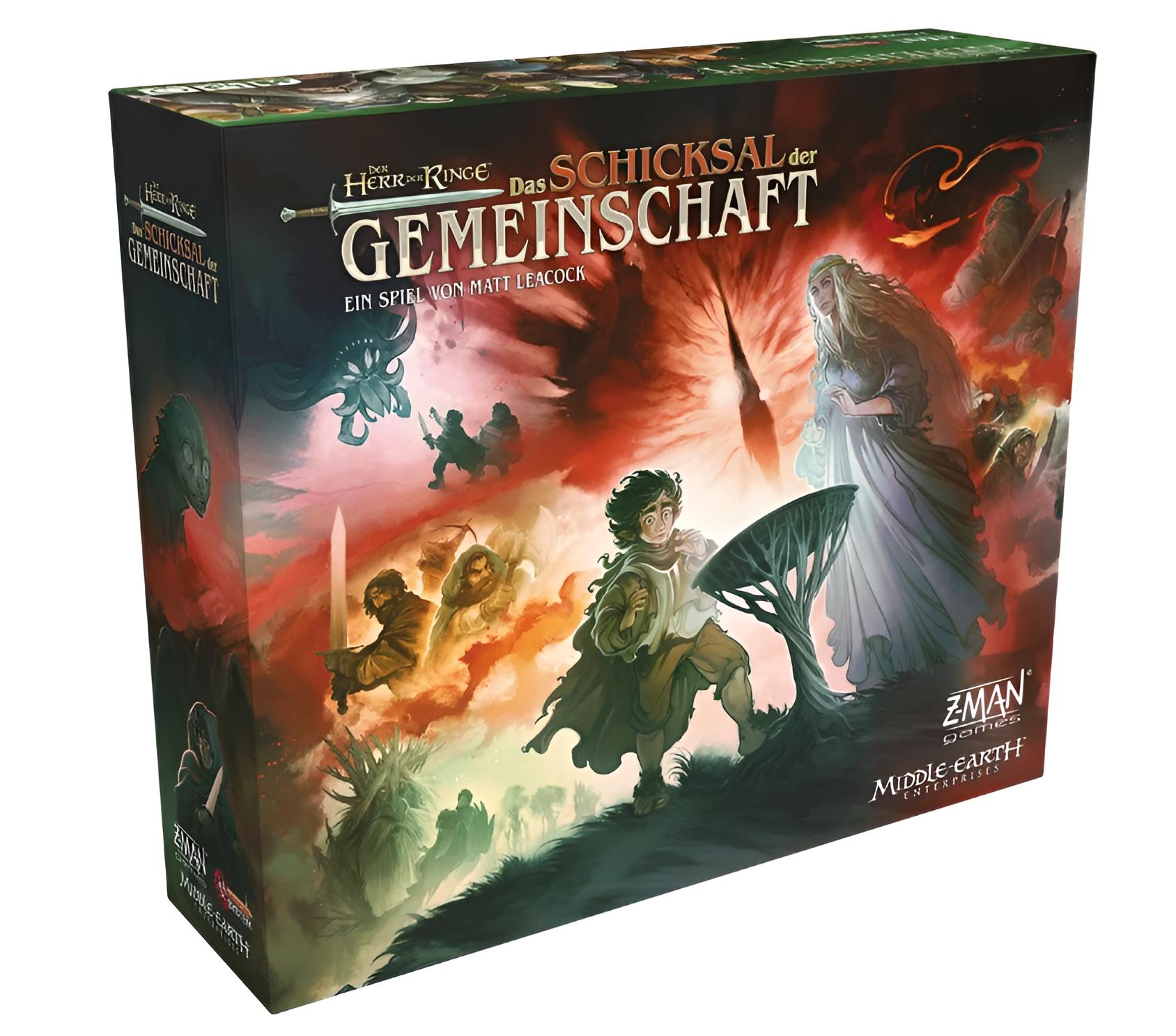 Schachtelkunst für ein Brettspiel. Es zeigt verschiedene Charaktere aus Der Herr der Ringe, einschließlich Frodo, vor einem roten und schwarzen Hintergrund.