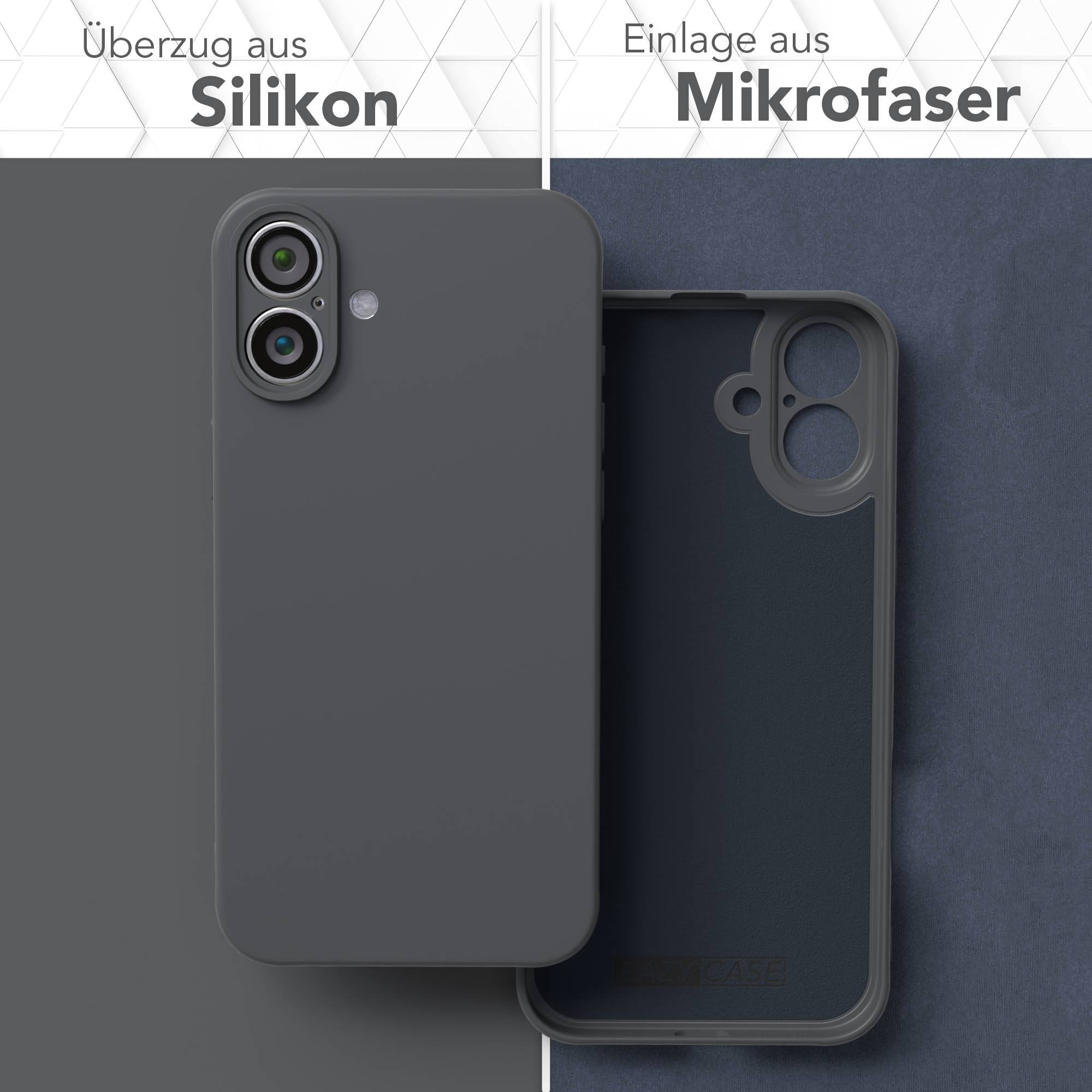Eine graue Handyhülle, geteilter Bildschirm, Silikon links, Mikrofaser rechts. Die Hülle ist offen.