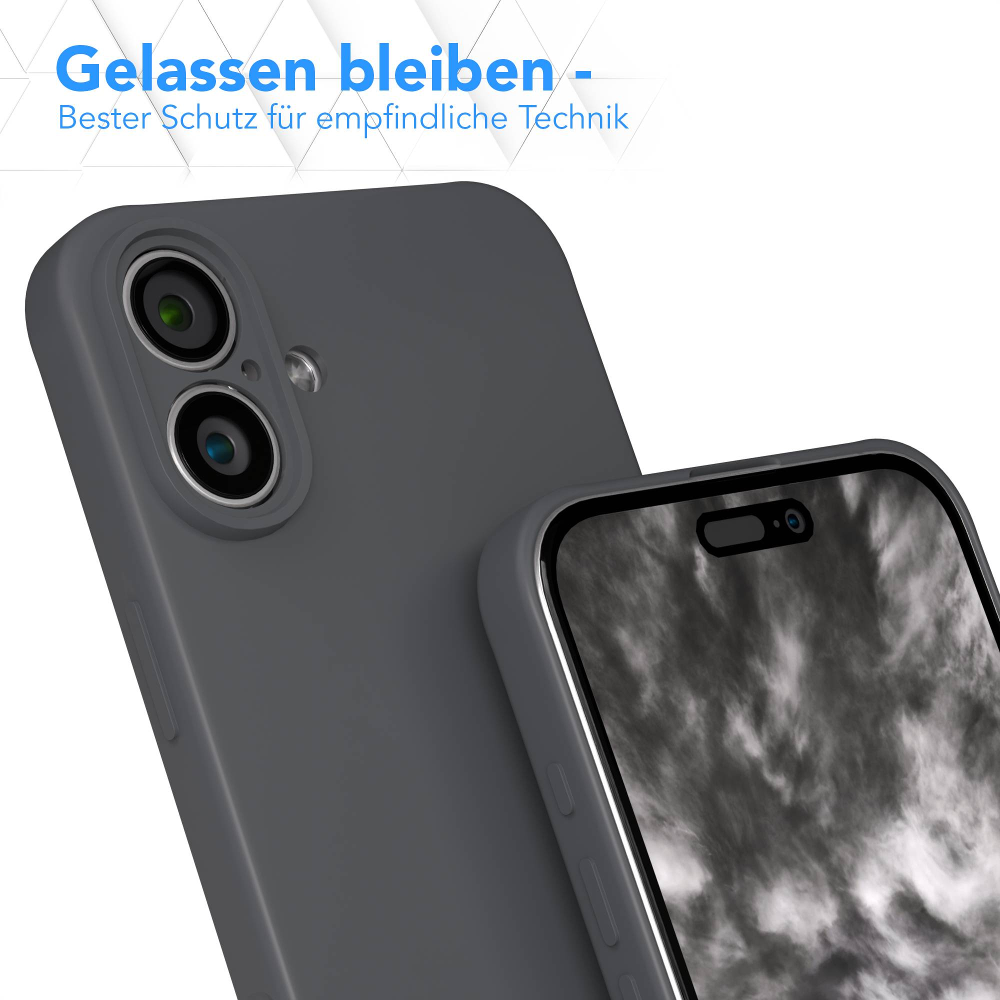 Zwei graue Handyhüllen werden gezeigt, eine bedeckt ein Telefon mit einem Bildschirm, der ein Graustufenmuster anzeigt. Der Hintergrund ist weiß.