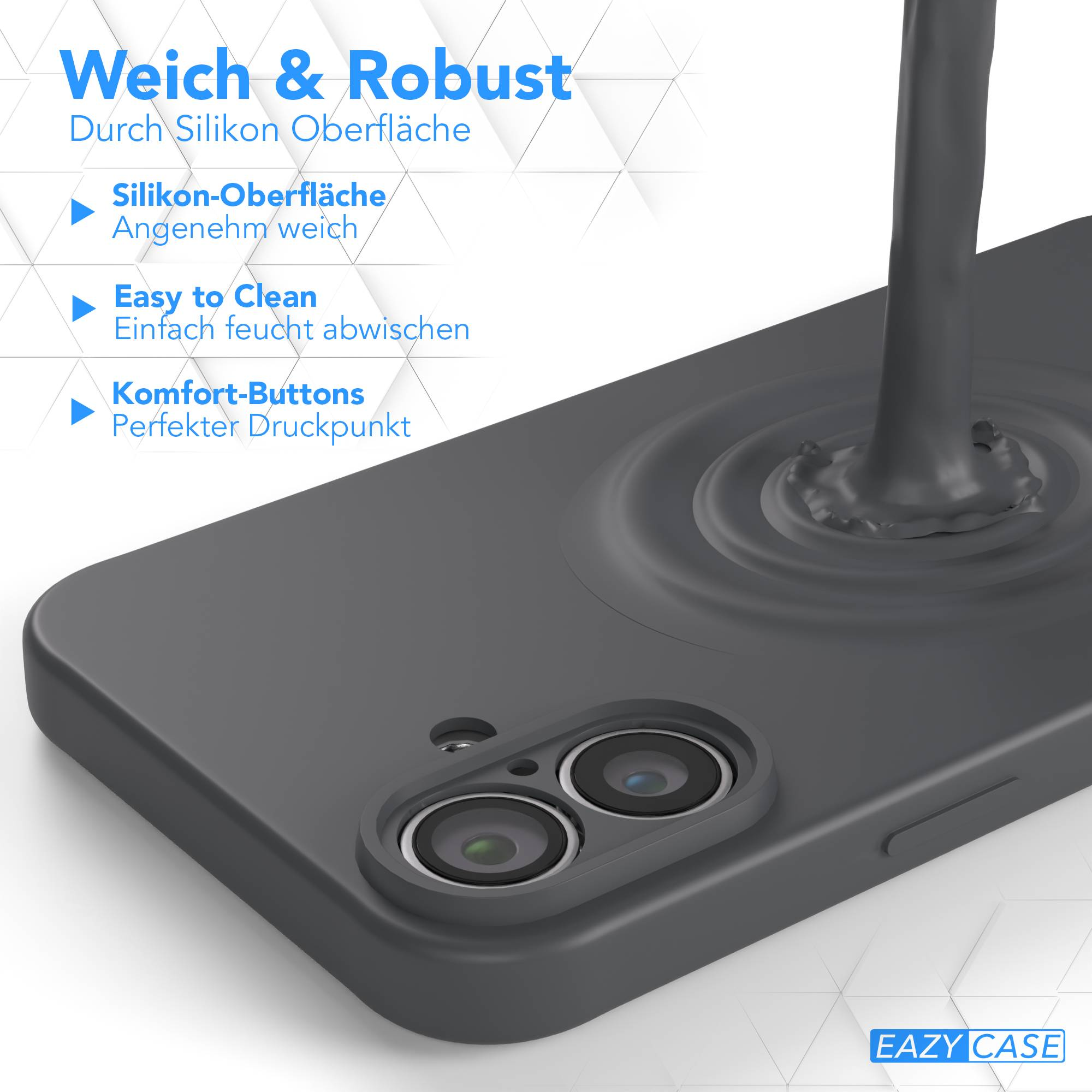 Eine dunkelgraue Handyhülle mit Kameralinsen, Flüssigkeit, die darauf gegossen wird. Text: Weich & Robust, Easy to Clean, Komfort-Buttons.