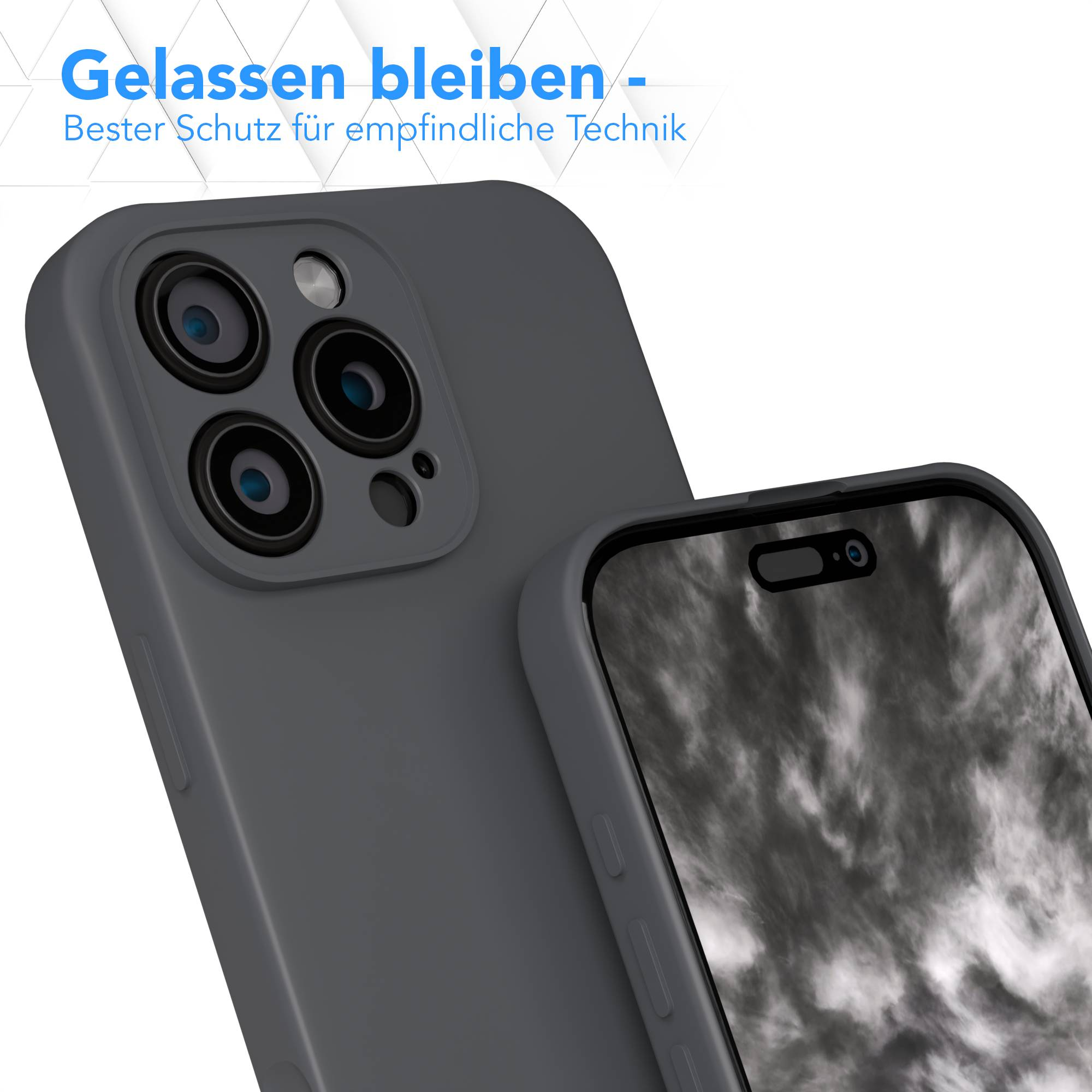 Zwei graue Handyhüllen. Eine zeigt die Kameralinsen, die andere den Bildschirm. Text: "Gelassen bleiben - Bester Schutz...".
