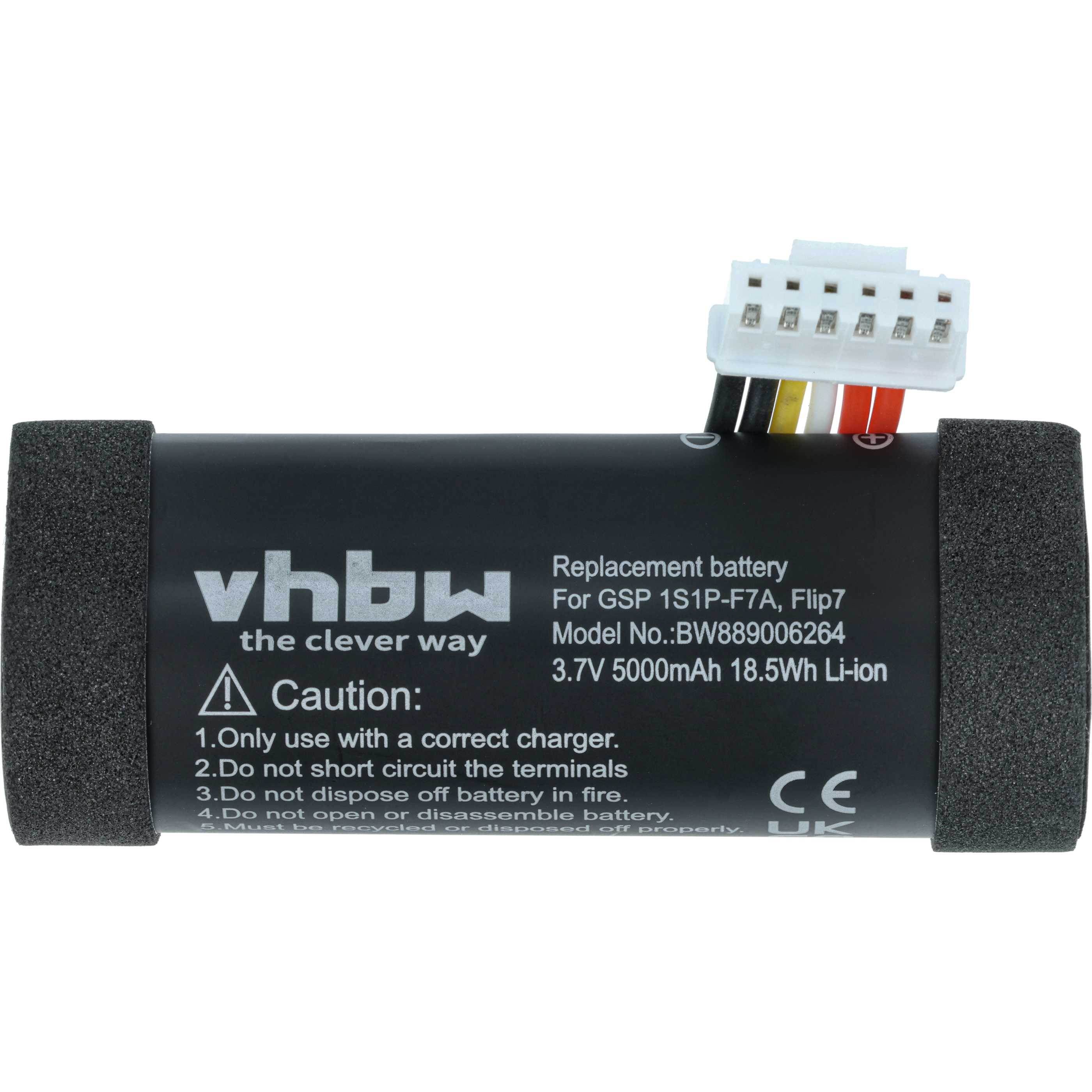 Schwarzer Akku mit weißem Stecker und farbigen Drähten. Text enthält vhbw, Ersatzakku und Warnhinweise.