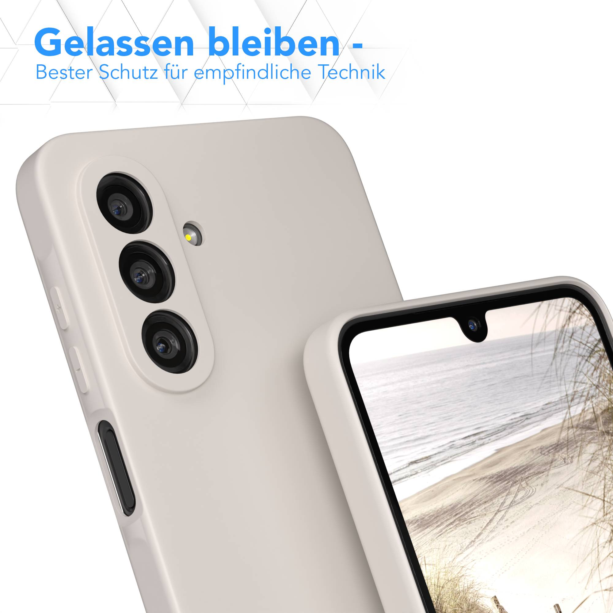 Zwei beige Handyhüllen, eine mit einem Bildschirm, der eine Strandszene zeigt. Blauer Text oben. Kameras sind sichtbar.