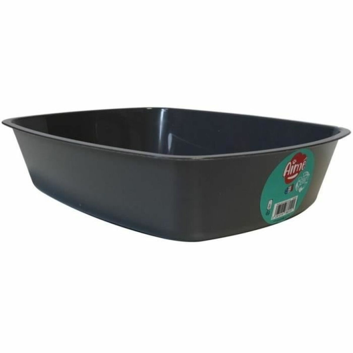 Una lettiera per gatti rettangolare grigio scuro con angoli arrotondati. Ha l'adesivo del marchio sul lato. Sfondo bianco.