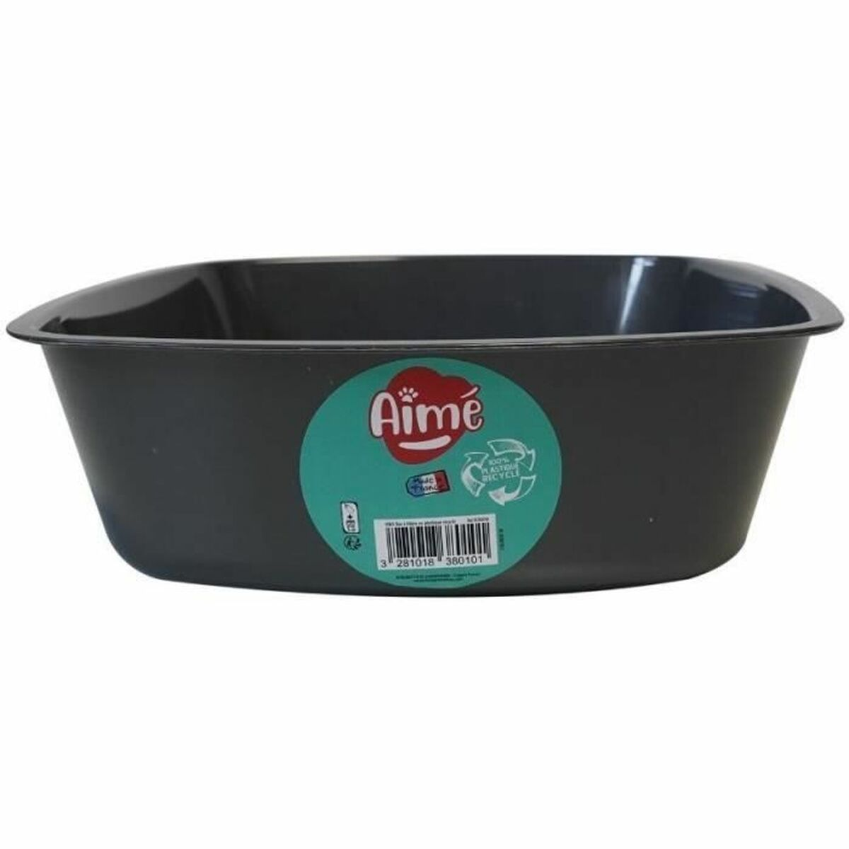 Una ciotola per animali in plastica grigio scuro di forma ovale con un logo. È visibile un adesivo verde con testo e un simbolo di riciclaggio.