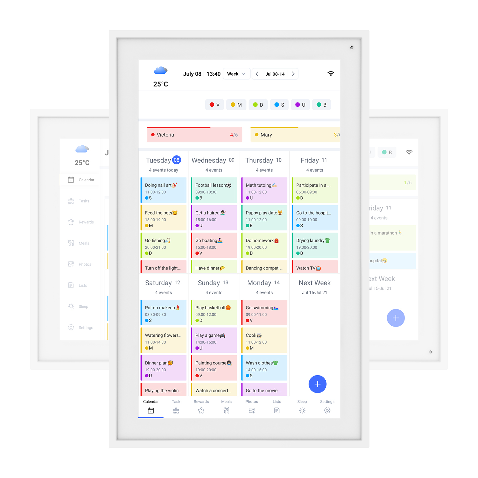 Un calendario digitale mostra gli eventi giornalieri, inclusi appuntamenti e attività con orari ed etichette codificate a colori.