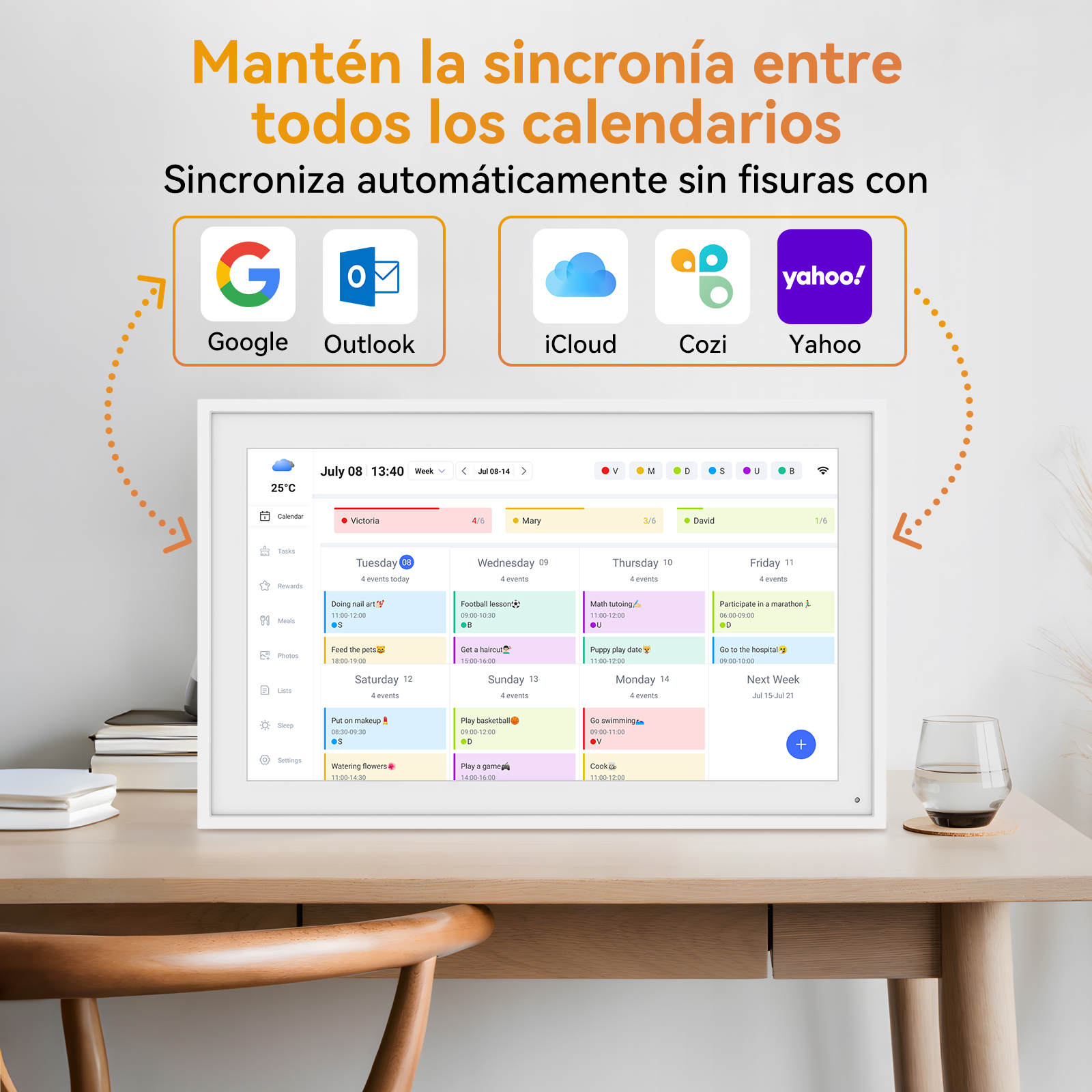 Un calendario digital en una mesa. Muestra citas y se integra con Google, Outlook, iCloud, Cozi y Yahoo.