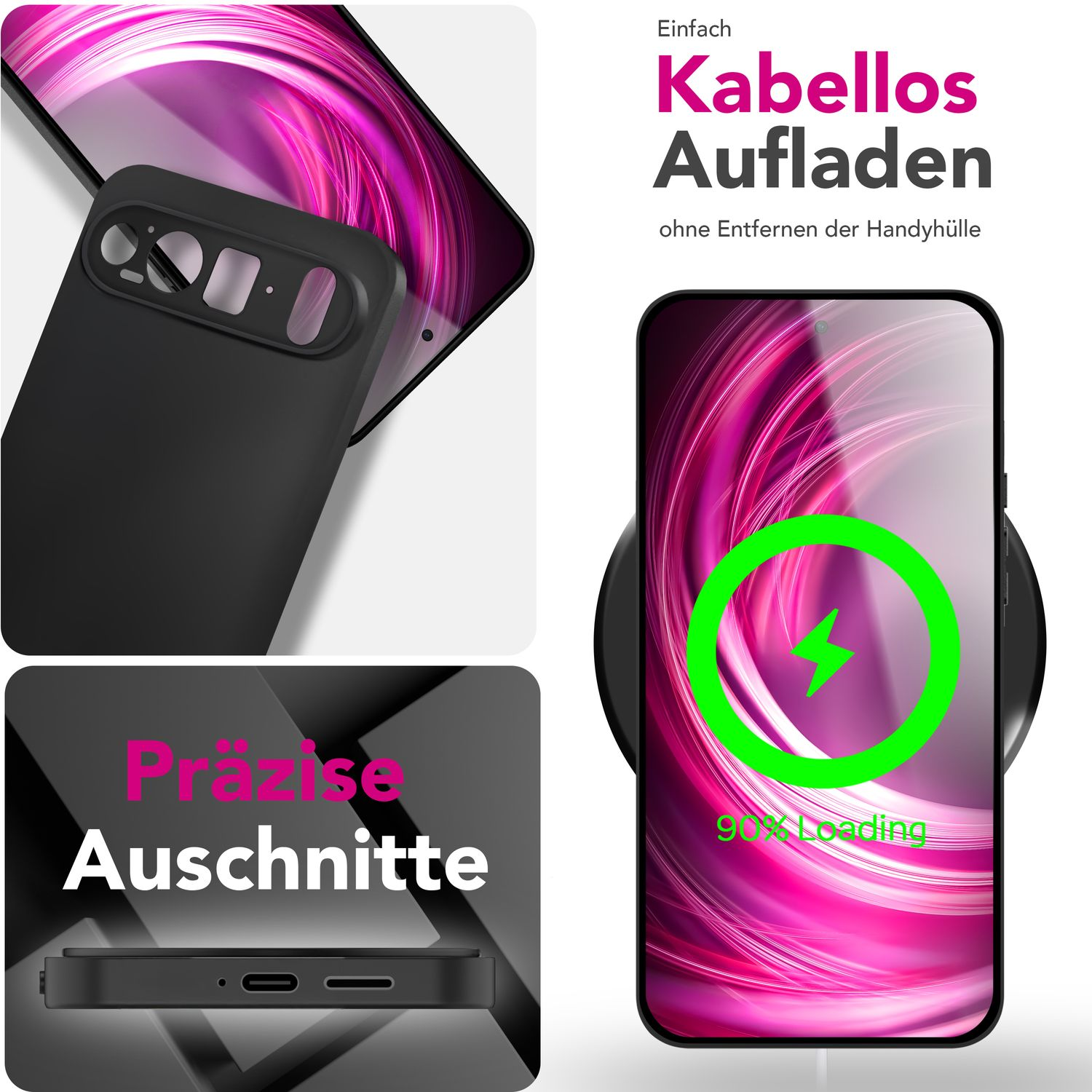L'immagine mostra un telefono in carica wireless. Il telefono ha una custodia nera, che mostra un simbolo di carica verde. Il testo dice 'Ricarica wireless'.