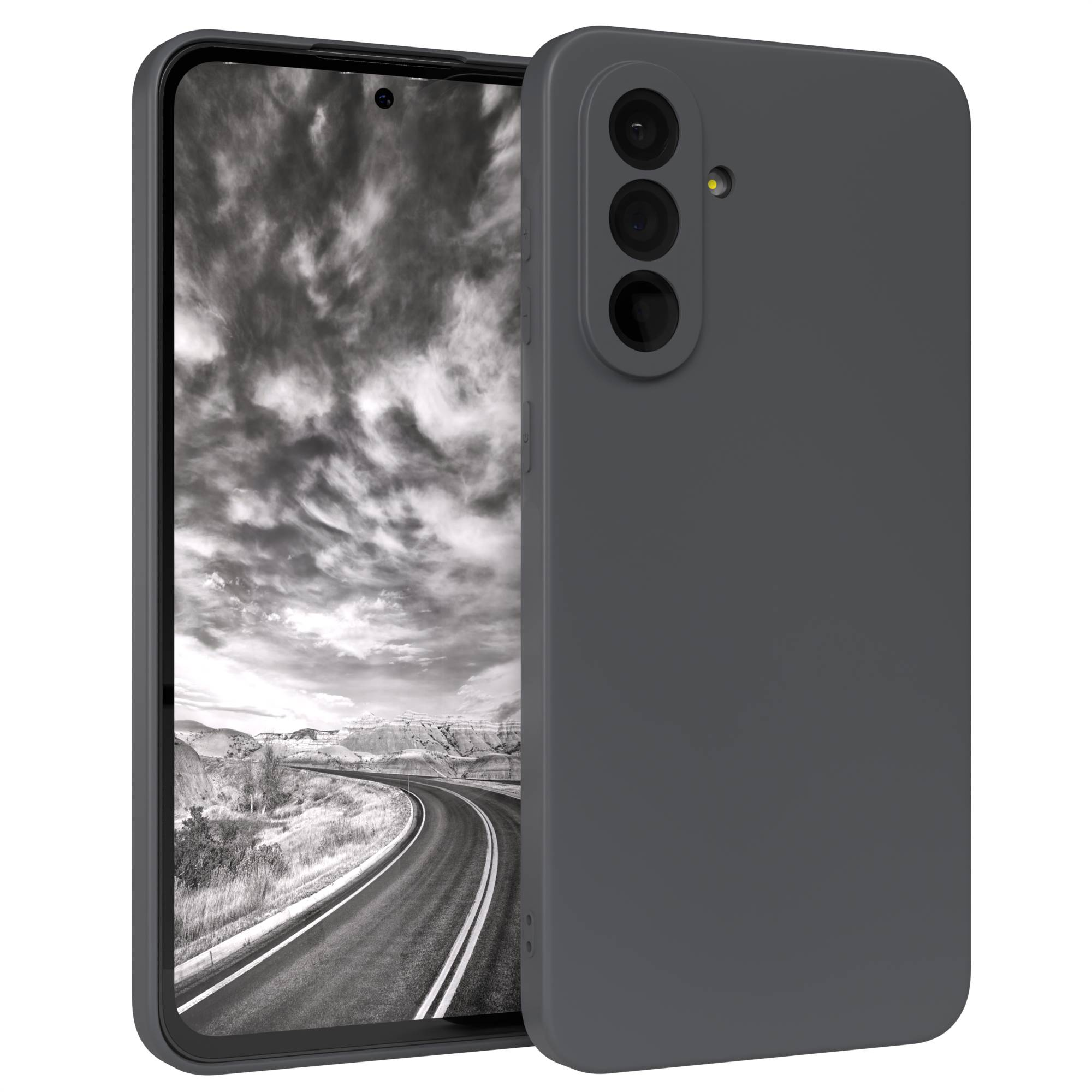 Ein Smartphone in einem grauen Gehäuse. Der Bildschirm zeigt eine graue Straße durch eine Landschaft. Das Gehäuse hat drei Kameralinsen.