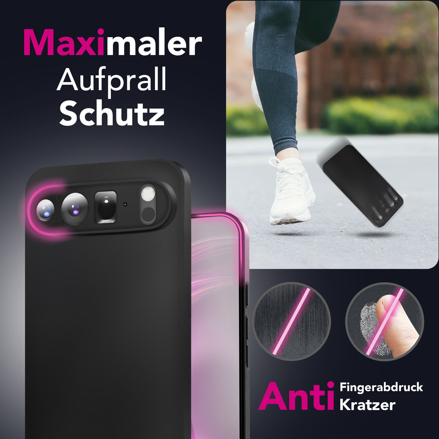 Custodia nera per telefono con obiettivi della fotocamera. Una persona in abbigliamento sportivo corre. Testo: Maximaler Aufprall Schutz, Anti Fingerabdruck Kratzer.