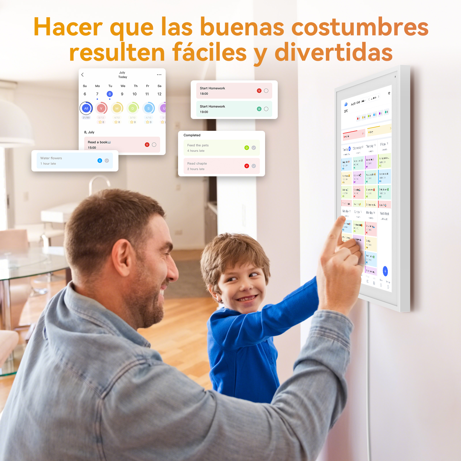 Un hombre y un niño mirando un calendario digital en una pared. El calendario muestra tareas y horarios.
