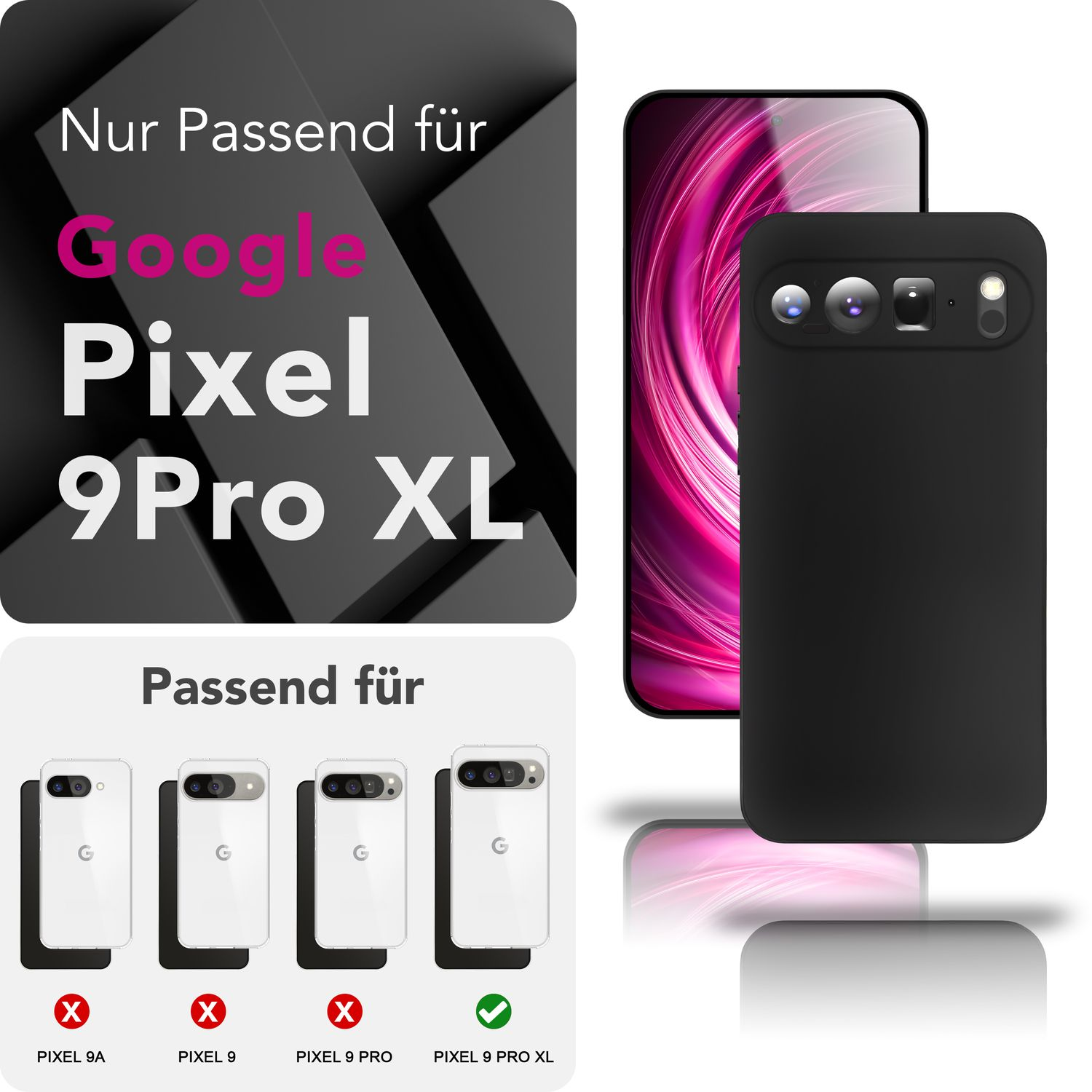 Custodia nera per telefono con telefono dietro, la custodia con fotocamere. Testo: Google Pixel 9 Pro XL. Verifica compatibilità.
