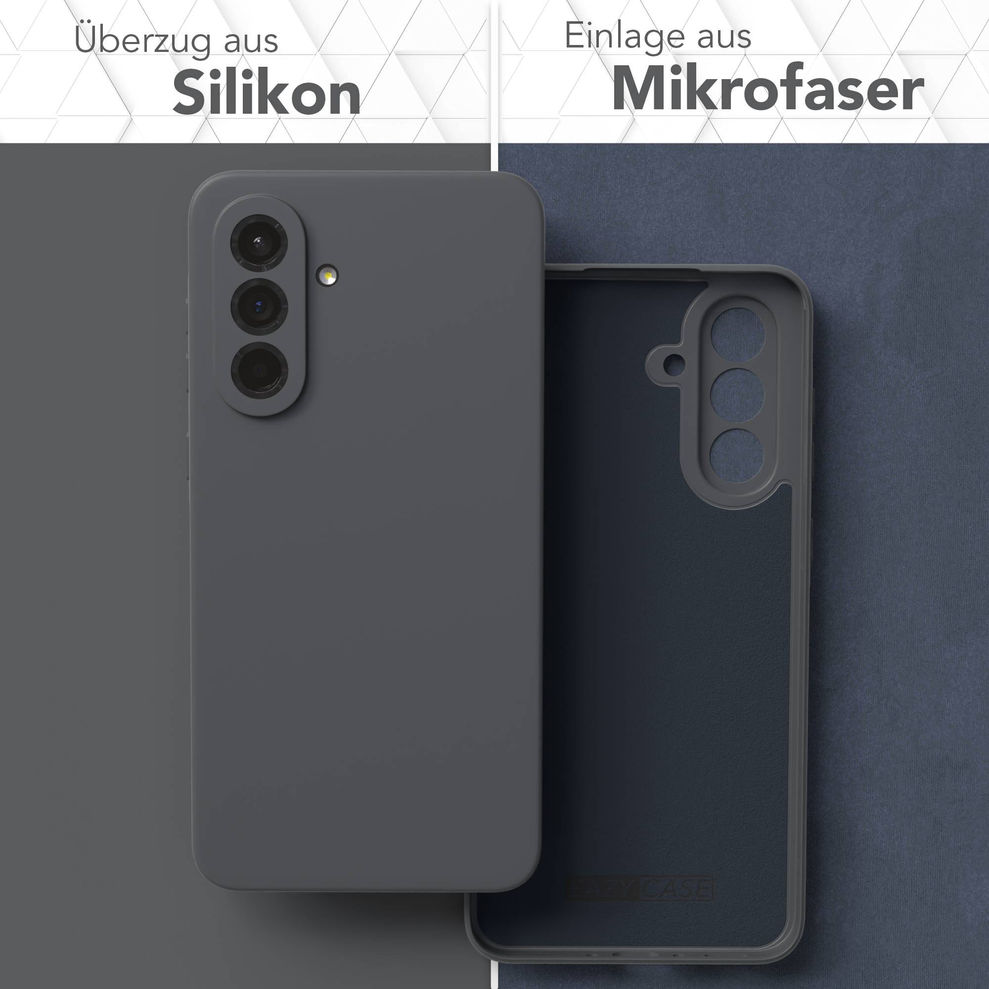 Eine Smartphone-Hülle, graue Silikonaußenseite, mit dunkelblauem Mikrofaser-Innenraum. Es ist in zwei Teile geteilt und zeigt beide Seiten.