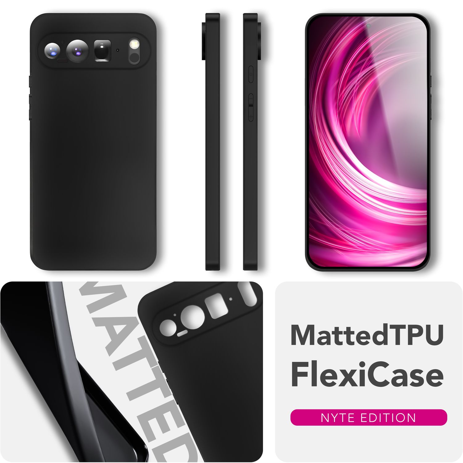 Custodia nera per telefono con ritagli per fotocamera, vista laterale e schermo del telefono con design a spirale rosa. Testo: Matted TPU FlexiCase.