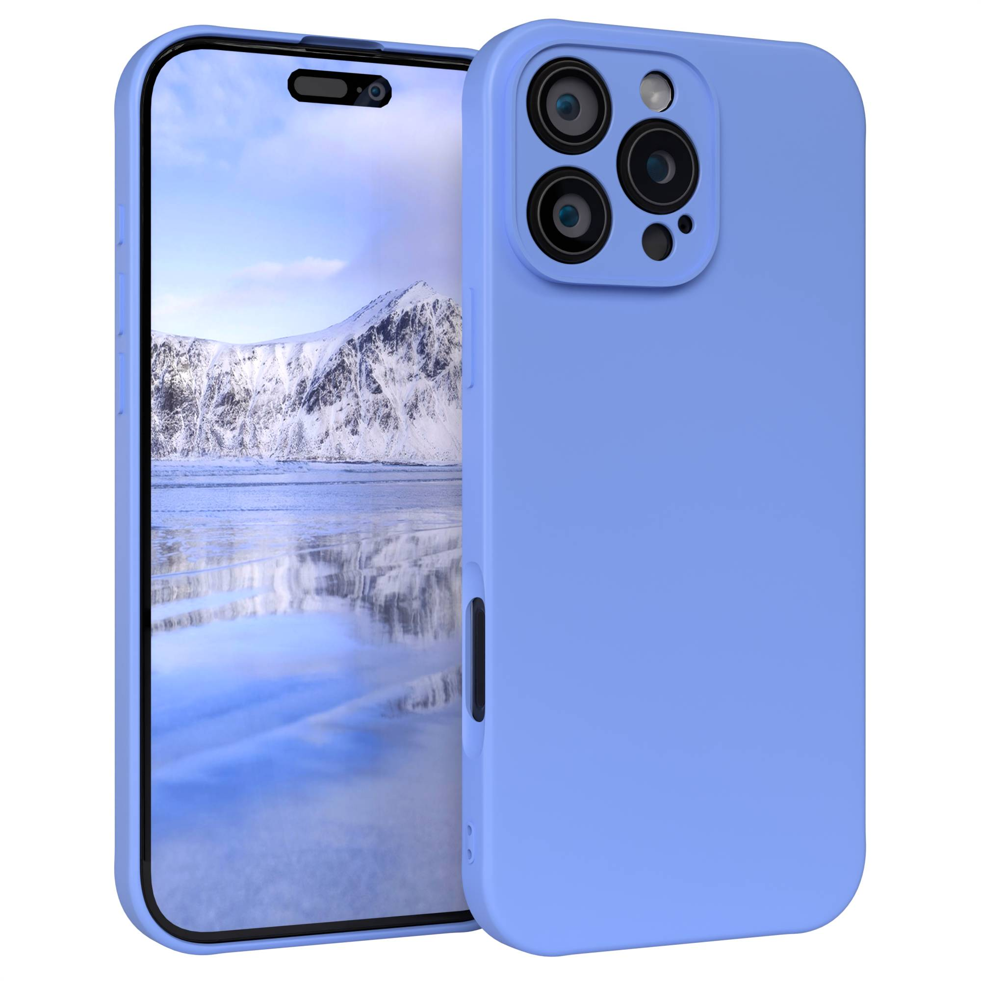 Ein blaues Telefon mit blauer Hülle. Der Bildschirm zeigt eine Winterlandschaft mit Bergen und einem gefrorenen See.