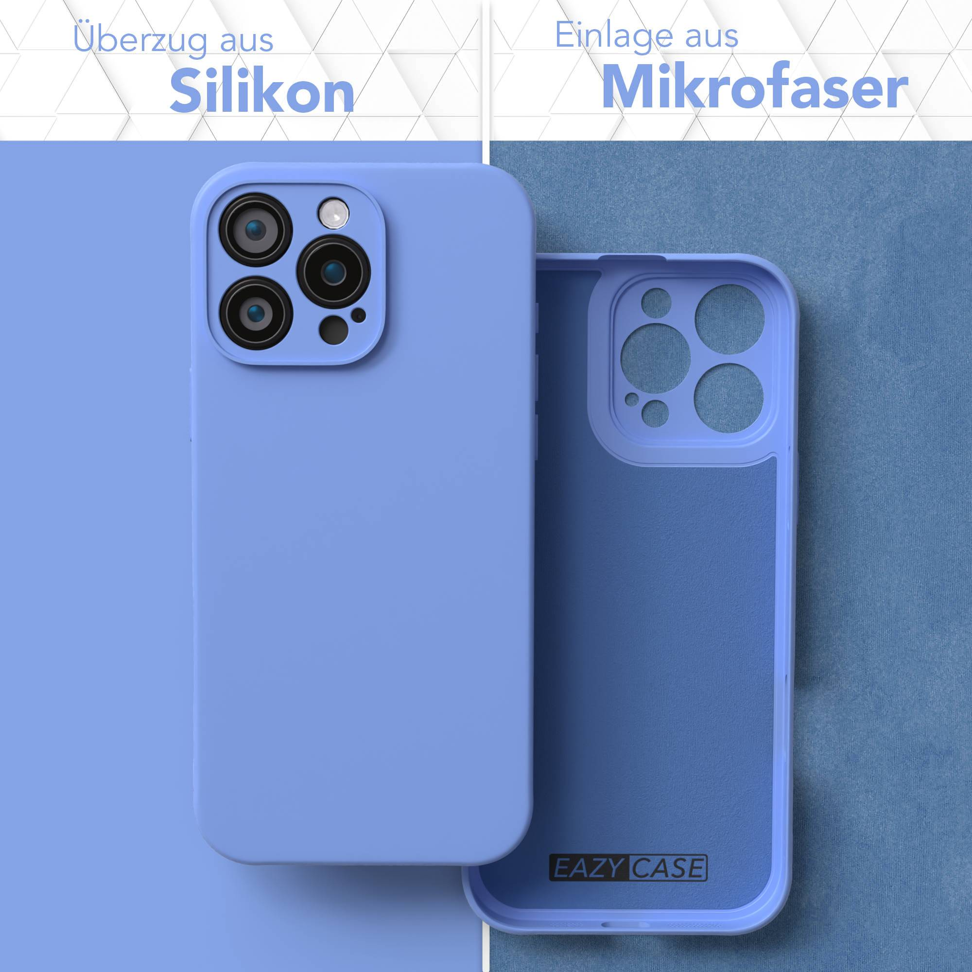 Eine blaue Handyhülle aus Silikon neben ihrem Mikrofaser-Innenraum. Die Hülle hat Kameraaussparungen und den Markennamen EAZY CASE.