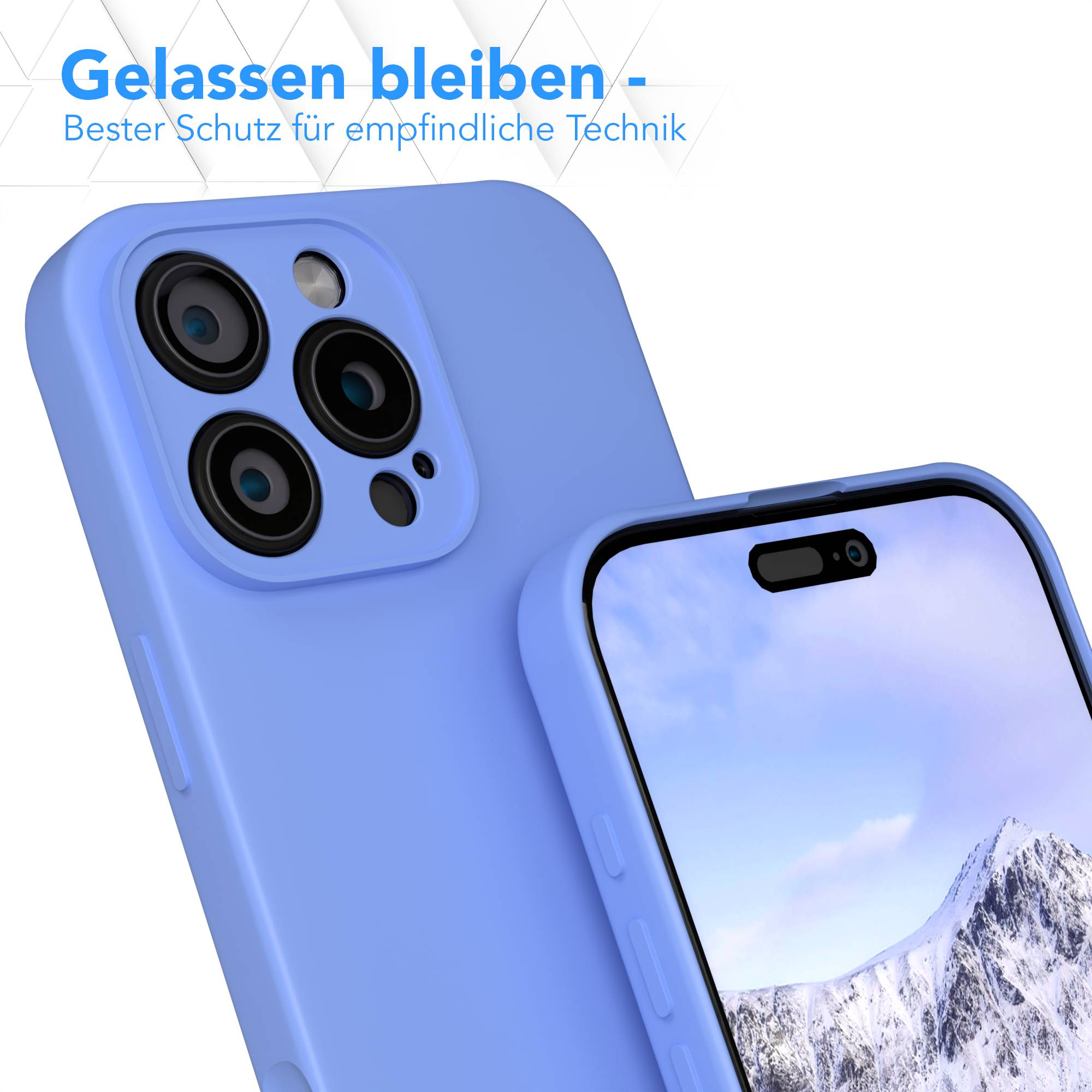Zwei hellblaue Handyhüllen, eine mit Kamera, die andere mit Bildschirm, der einen schneebedeckten Berg zeigt.