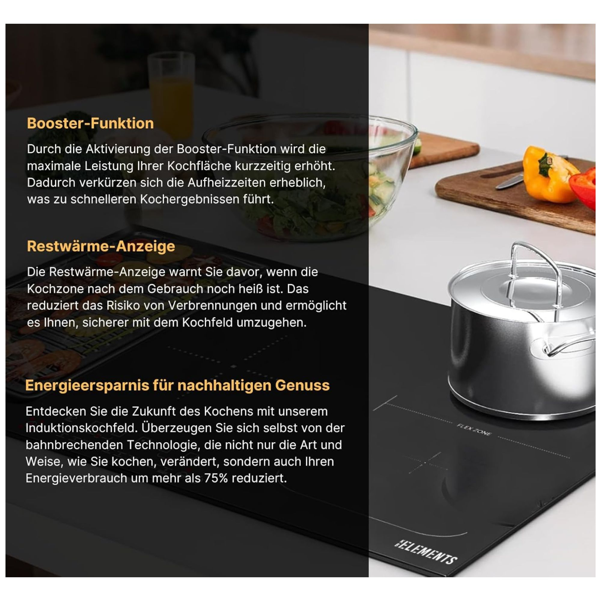 Ein modernes Induktionskochfeld mit einem Topf, Gemüse und einem Glas Saft im Hintergrund. Text über Funktionen ist vorhanden.