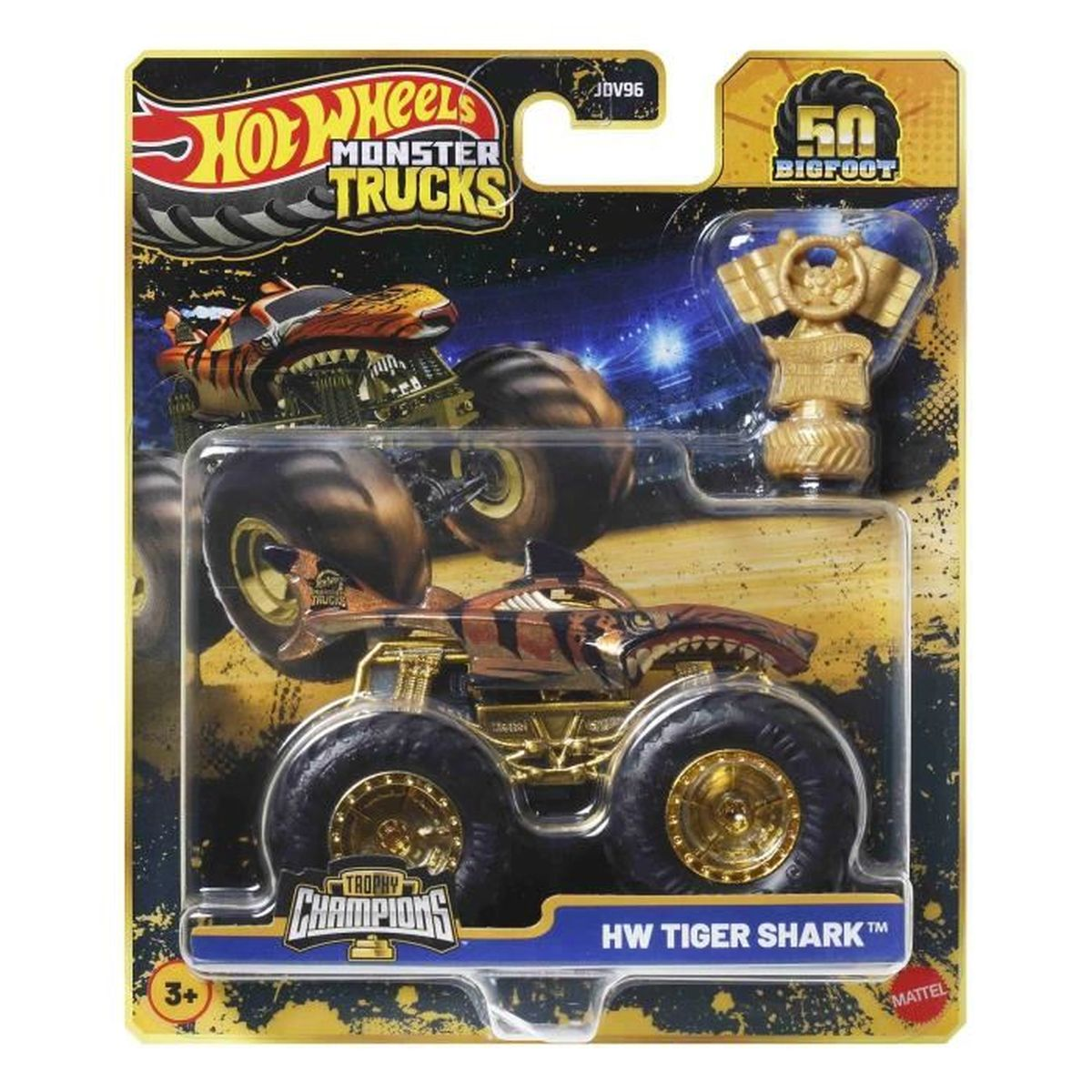 Eine Hot Wheels Monster Trucks Verpackung. Enthält einen Tiger Shark Truck und eine goldene Trophäe. Der Hintergrund hat ein Stadiondesign.
