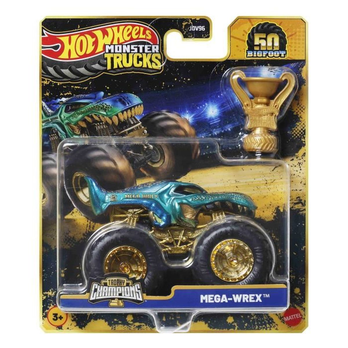 Hot Wheels Monster Trucks Mega-Wrex Spielzeug. Blauer und goldener Monstertruck mit Trophäe, verpackt in einer Blisterverpackung.
