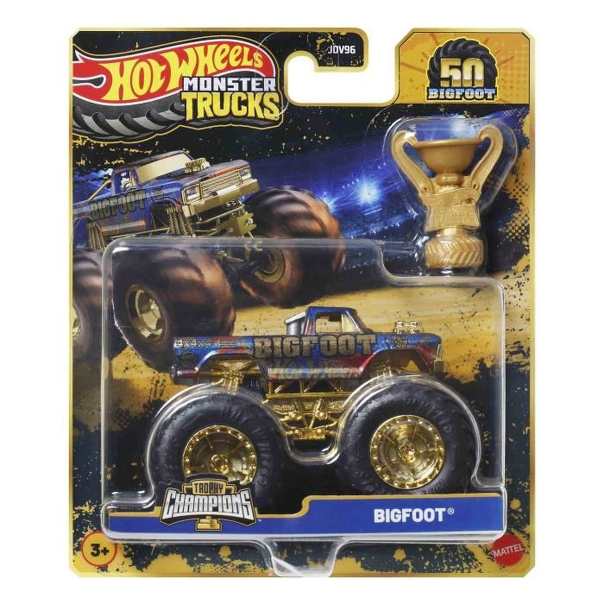 Eine Hot Wheels Monster Trucks Verpackung. Sie zeigt ein Bigfoot-Truck-Spielzeug mit einer goldenen Trophäe und blauem Hintergrund.