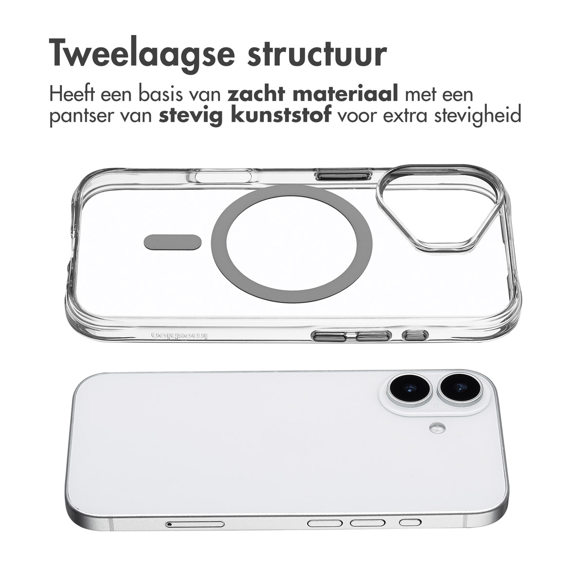Een telefoonhoesje en telefoon worden getoond. De hoes is transparant en toont een telefoon met witte achterkant en camera's.