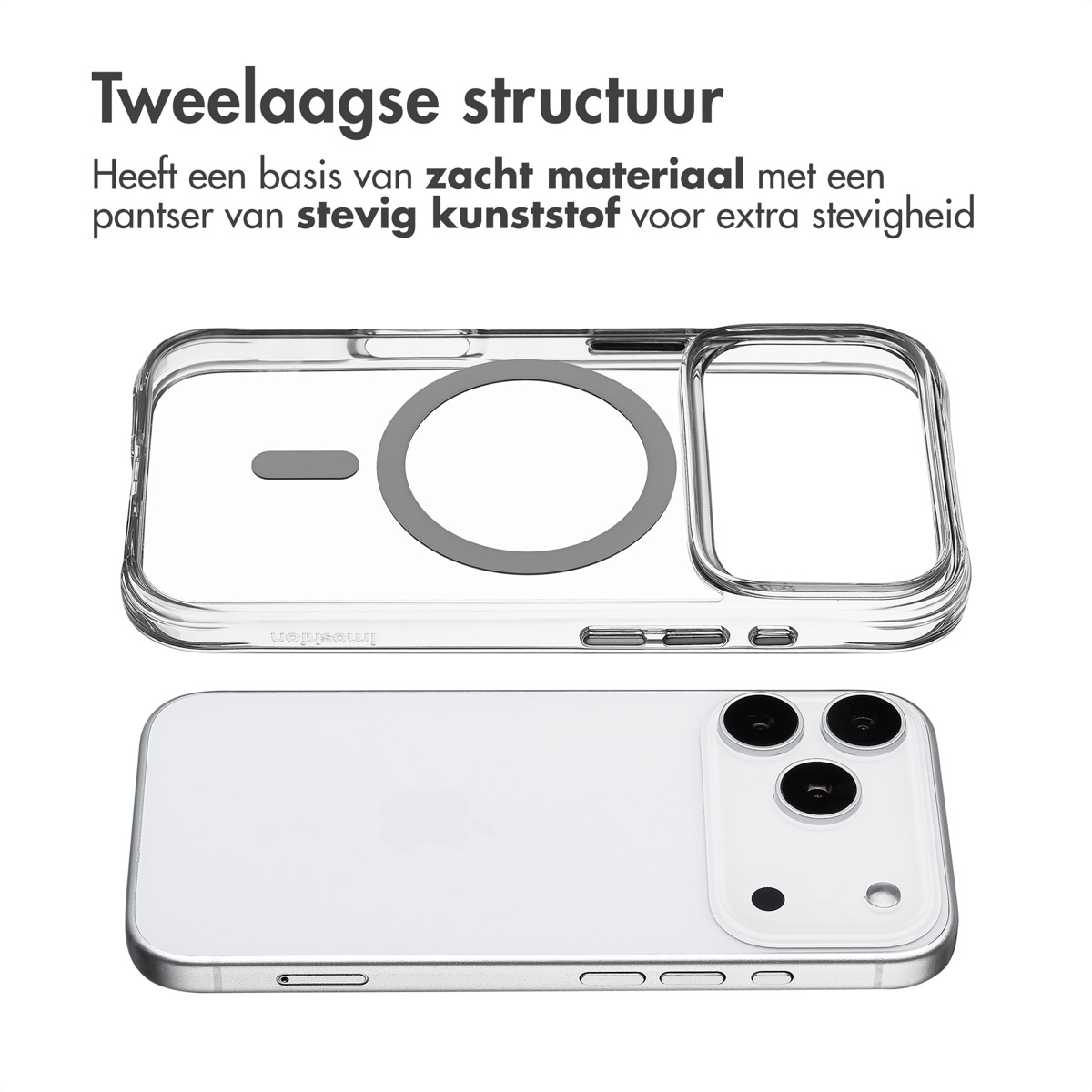 Une coque de téléphone transparente sur un téléphone blanc. Le boîtier a un anneau gris et une découpe rectangulaire. Texte néerlandais en haut.