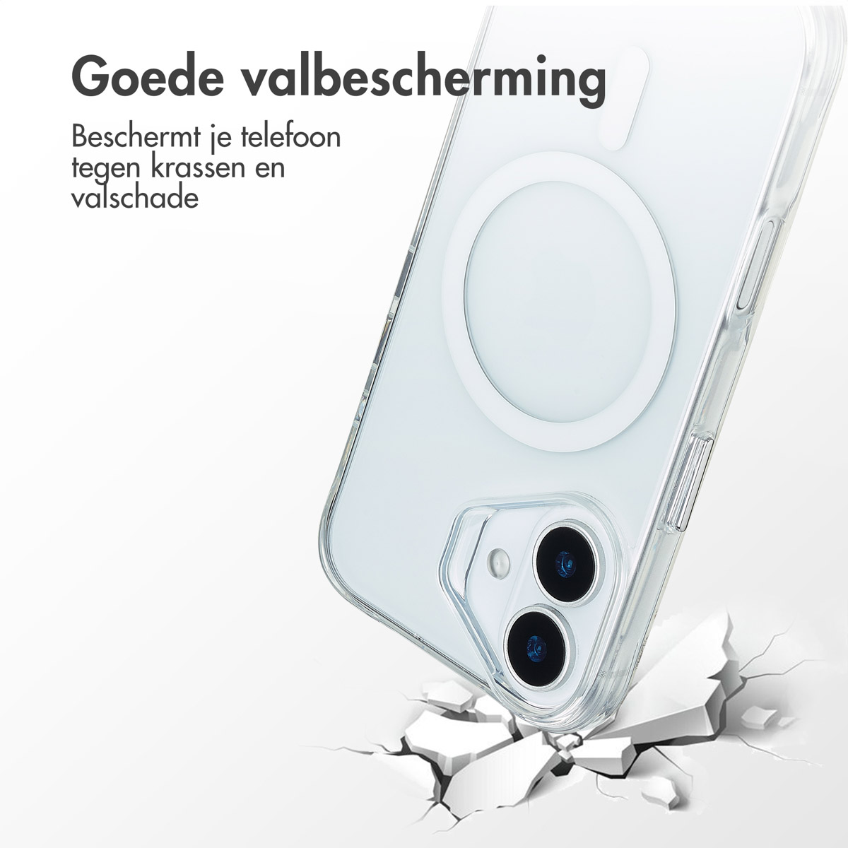 Een telefoonhoes valt, met scheuren in de grond. Tekst: 'Goede valbescherming'. De hoes is transparant.