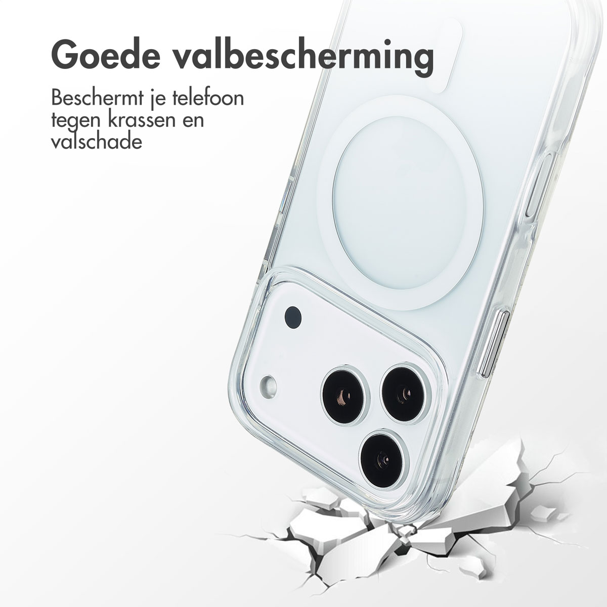 Une coque de téléphone transparente tombe, fissurant le sol. Le texte dit 'Bonne protection contre les chutes' et 'Protège votre téléphone des rayures'.