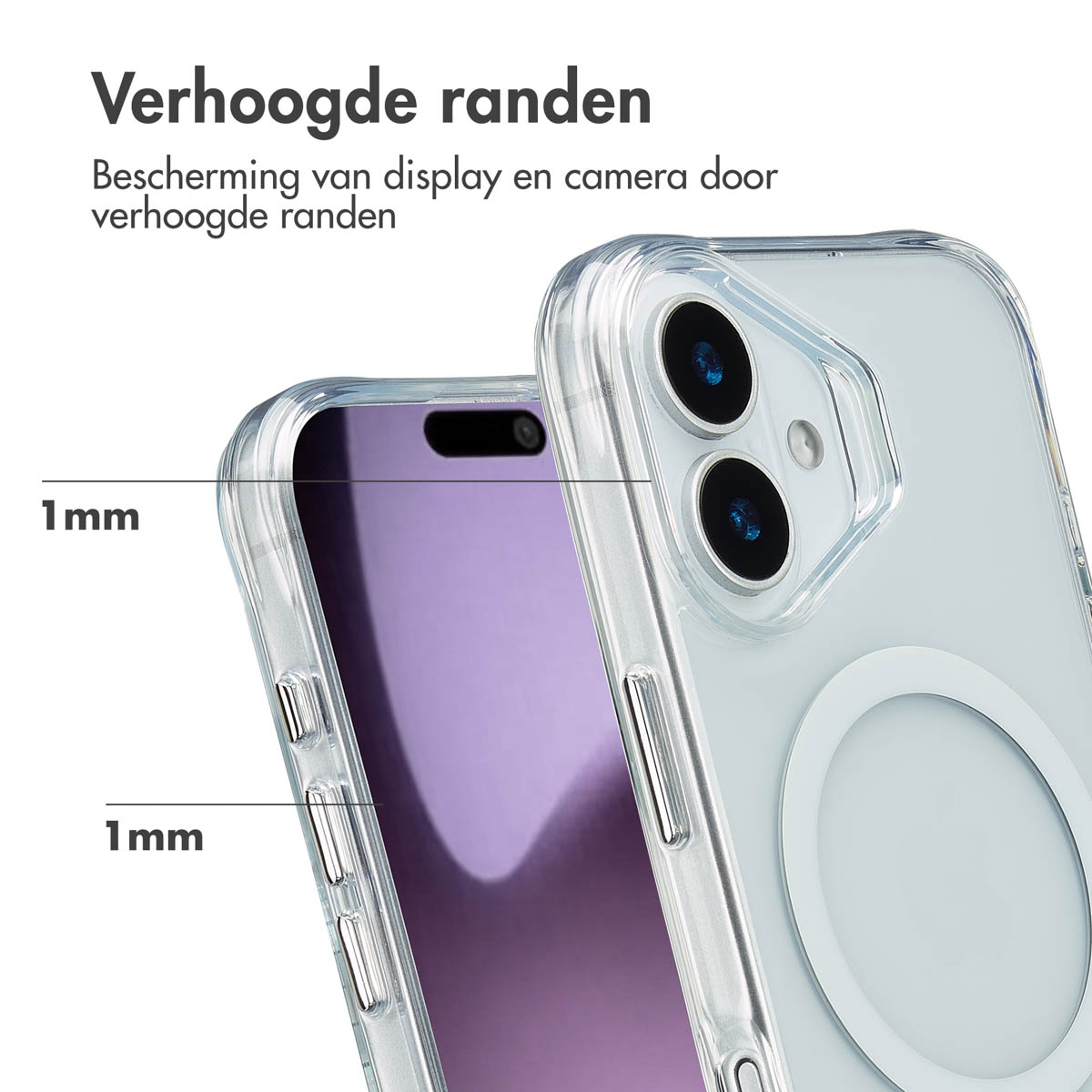 Transparante telefoonhoes, met verhoogde randen voor scherm- en camerabescherming. 1 mm metingen zijn aangegeven. Telefoonscherm is paars.