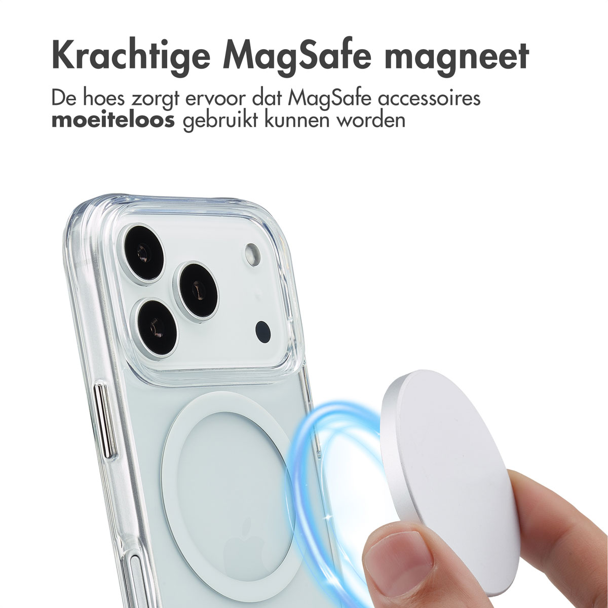 Une coque de téléphone transparente avec un anneau MagSafe blanc est à côté d'un disque magnétique blanc. Une aura bleue brillante entoure l'anneau.