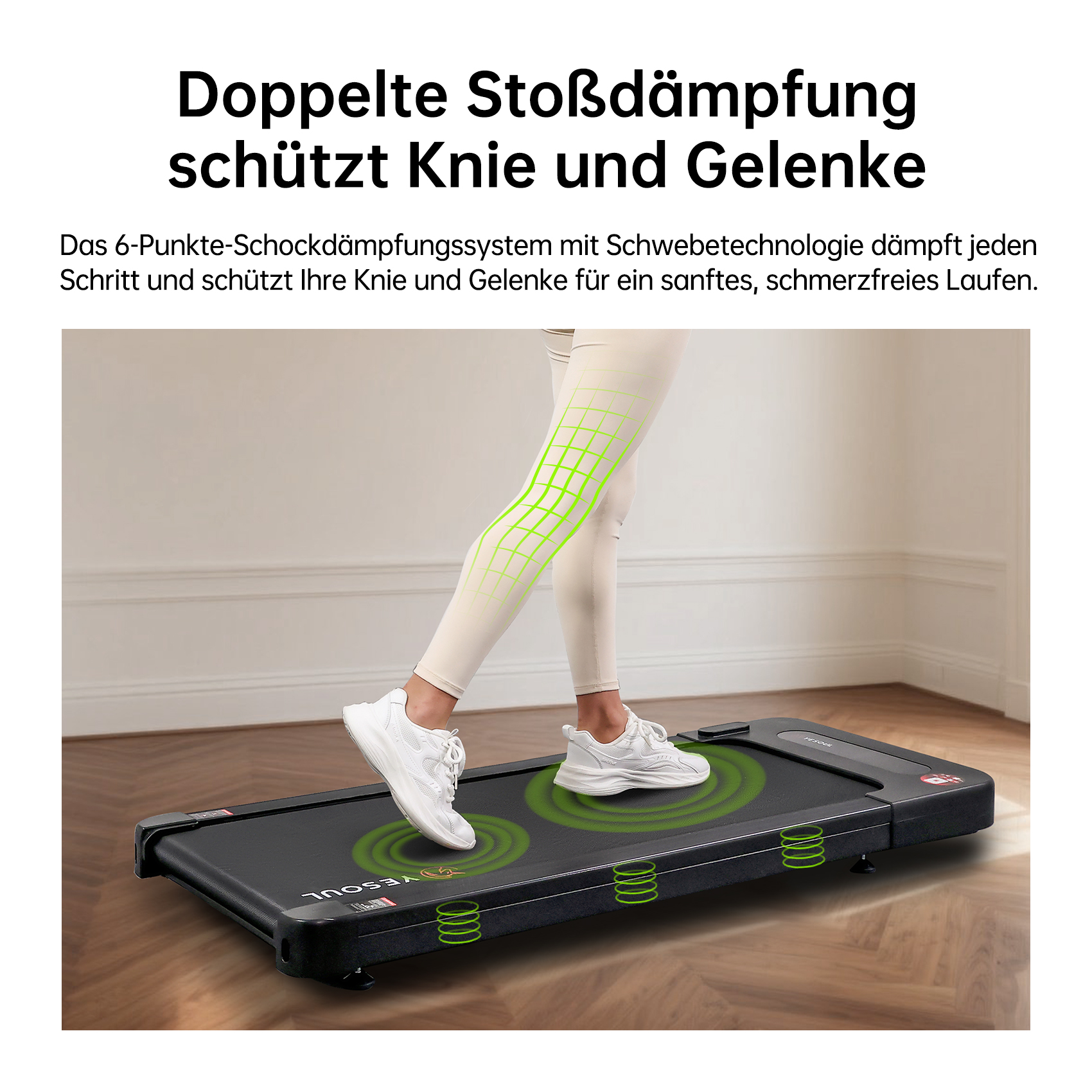 Person auf einem Laufband mit weißen Schuhen. Das Bild zeigt das Knieschutzsystem. Grüne Linien zeigen die Technologie.