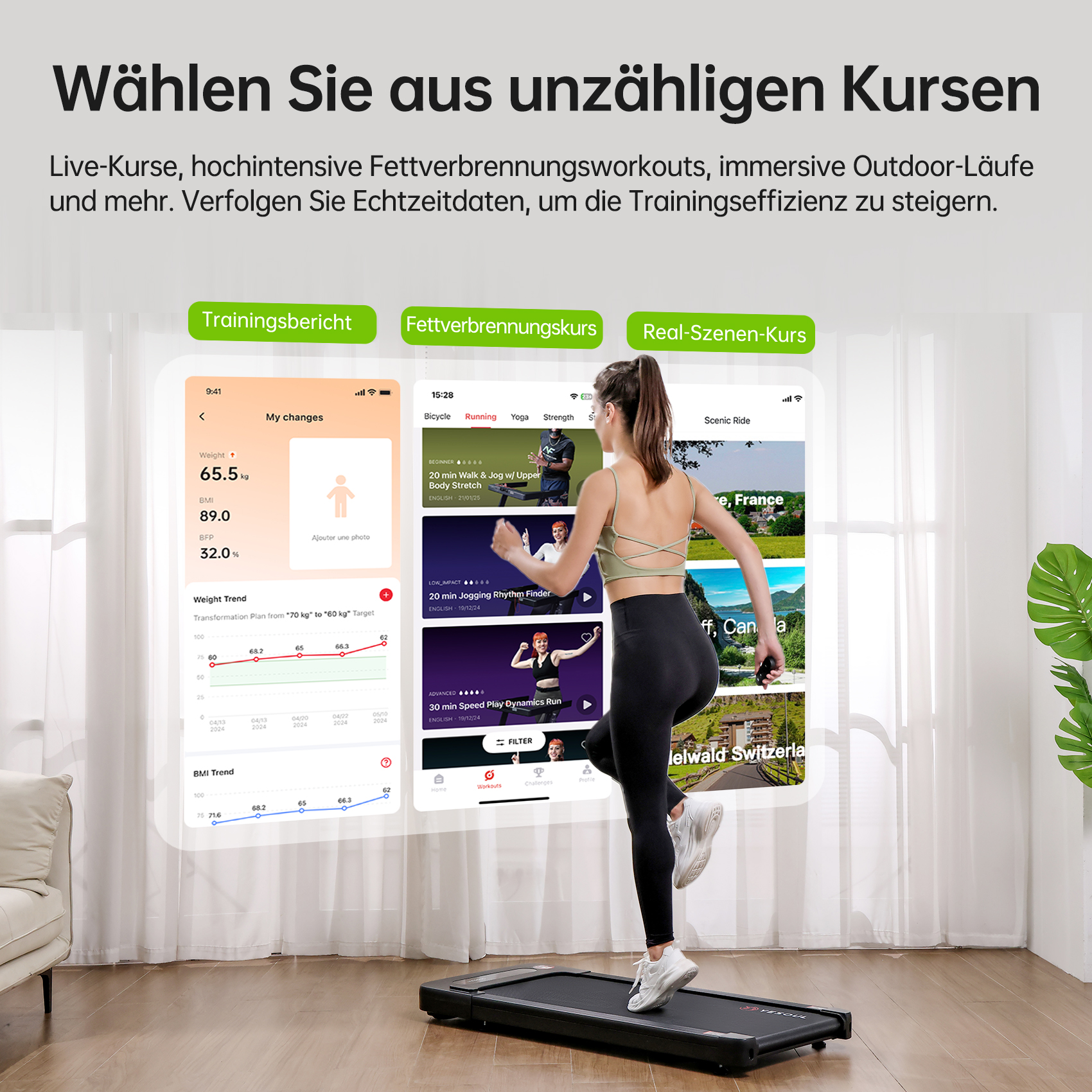 Eine Frau läuft drinnen auf einem Laufband. Bildschirme zeigen Trainingsdaten und Kursoptionen. Weiße Vorhänge und Pflanzen im Hintergrund.