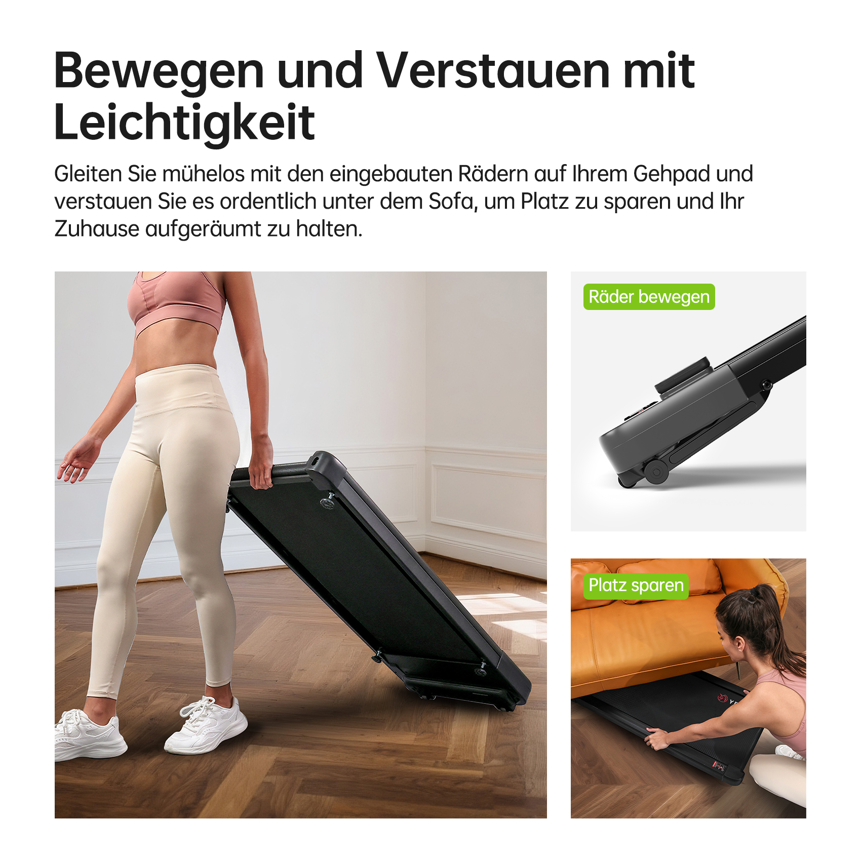 Eine Frau trägt ein zusammengeklapptes schwarzes Laufband. Der Text auf Deutsch bewirbt die Benutzerfreundlichkeit und platzsparenden Eigenschaften des Laufbands.