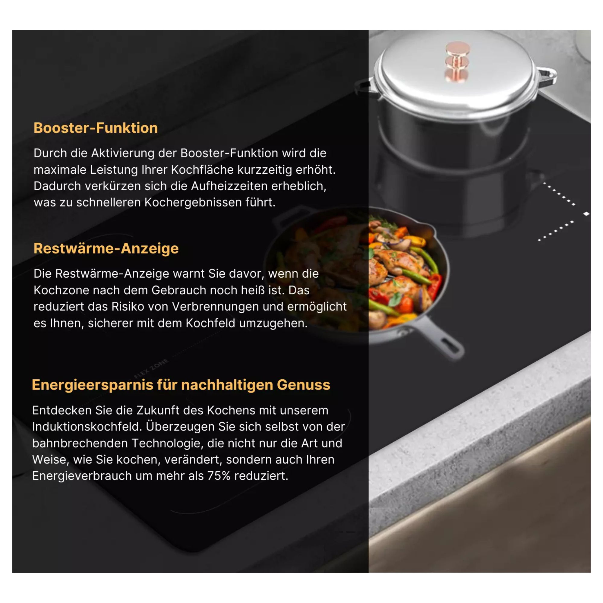 Schwarzes Induktionskochfeld mit Topf und Pfanne. Text beschreibt Funktionen wie Booster, Restwärmeanzeige und Energieeinsparung.
