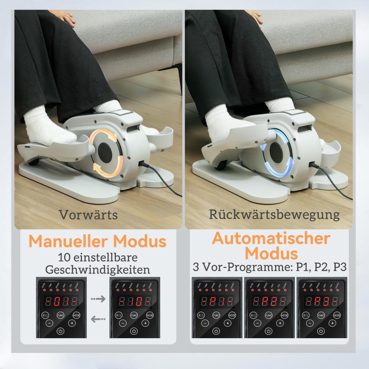 Zwei Abschnitte einer Trainingsmaschine. Vorwärts- und Rückwärtsbewegung. Anzeigen mit Geschwindigkeit. Beine und Füße in weißen Socken sind sichtbar.