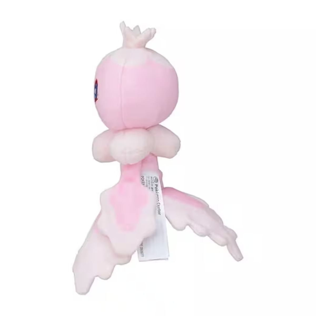 Ein rosa Plüschtier einer Pokémon-Figur. Es hat einen runden Kopf, einen langen Stiel und zwei flügelförmige Anhänge. Ein Etikett hängt am Stiel.
