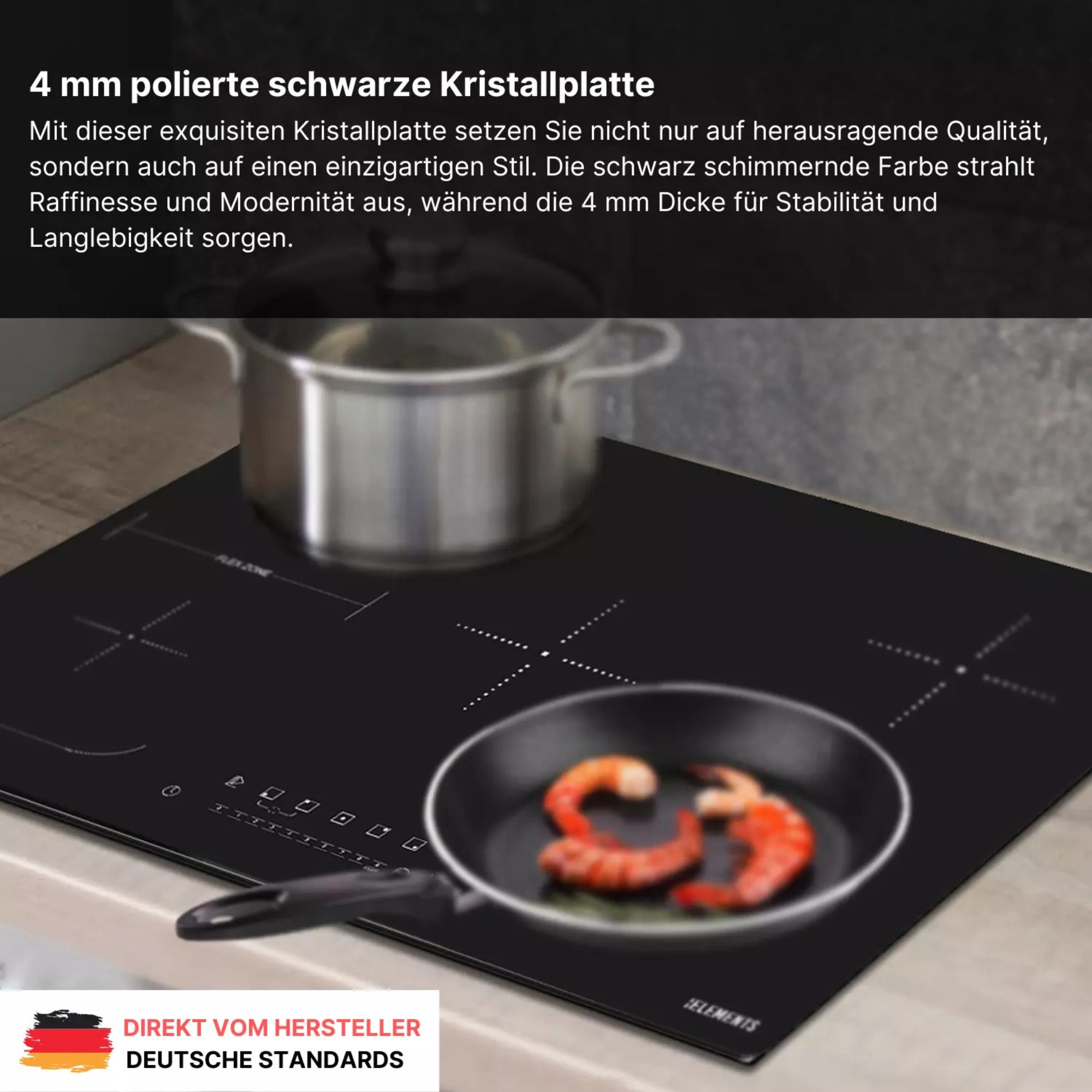 Schwarzes Induktionskochfeld mit einer Pfanne mit Garnelen und einem Topf. Der Text beschreibt die Qualität und den Stil.