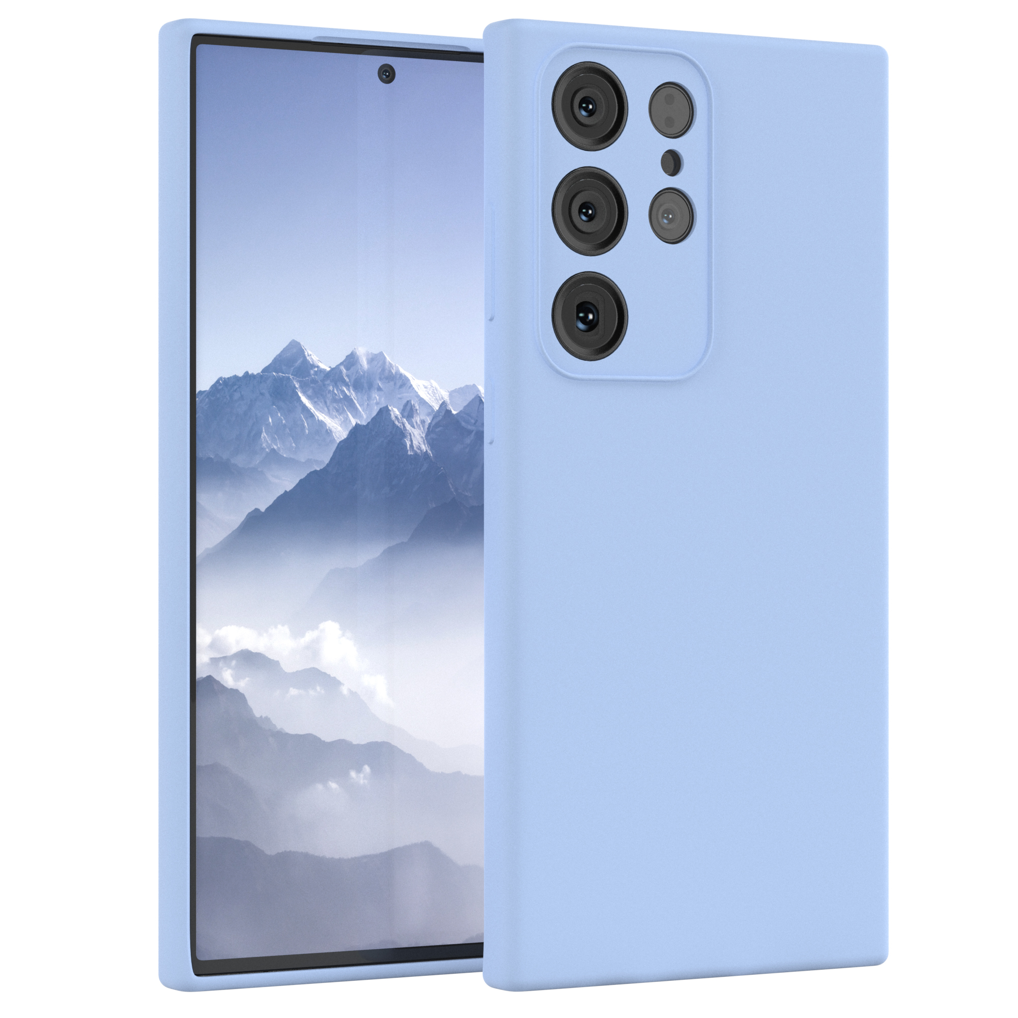 Ein hellblaues Telefon mit Hülle, der Bildschirm zeigt eine Berglandschaft. Das Telefon hat mehrere Kameras.
