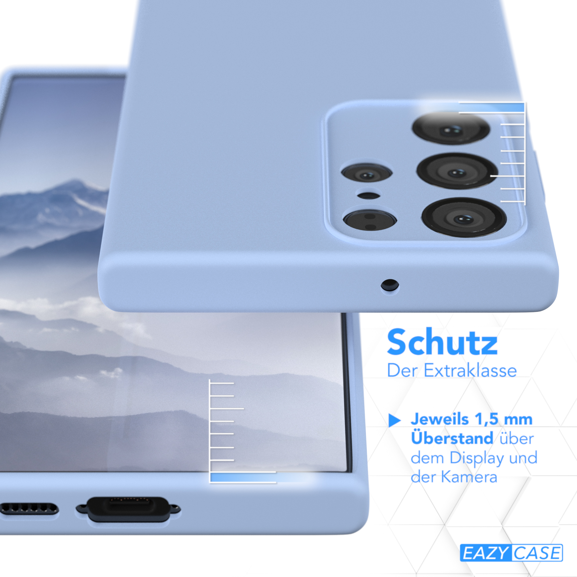 Eine hellblaue Handyhülle bedeckt teilweise ein Handy und zeigt die Kamera- und Bildschirmschutzfunktionen.