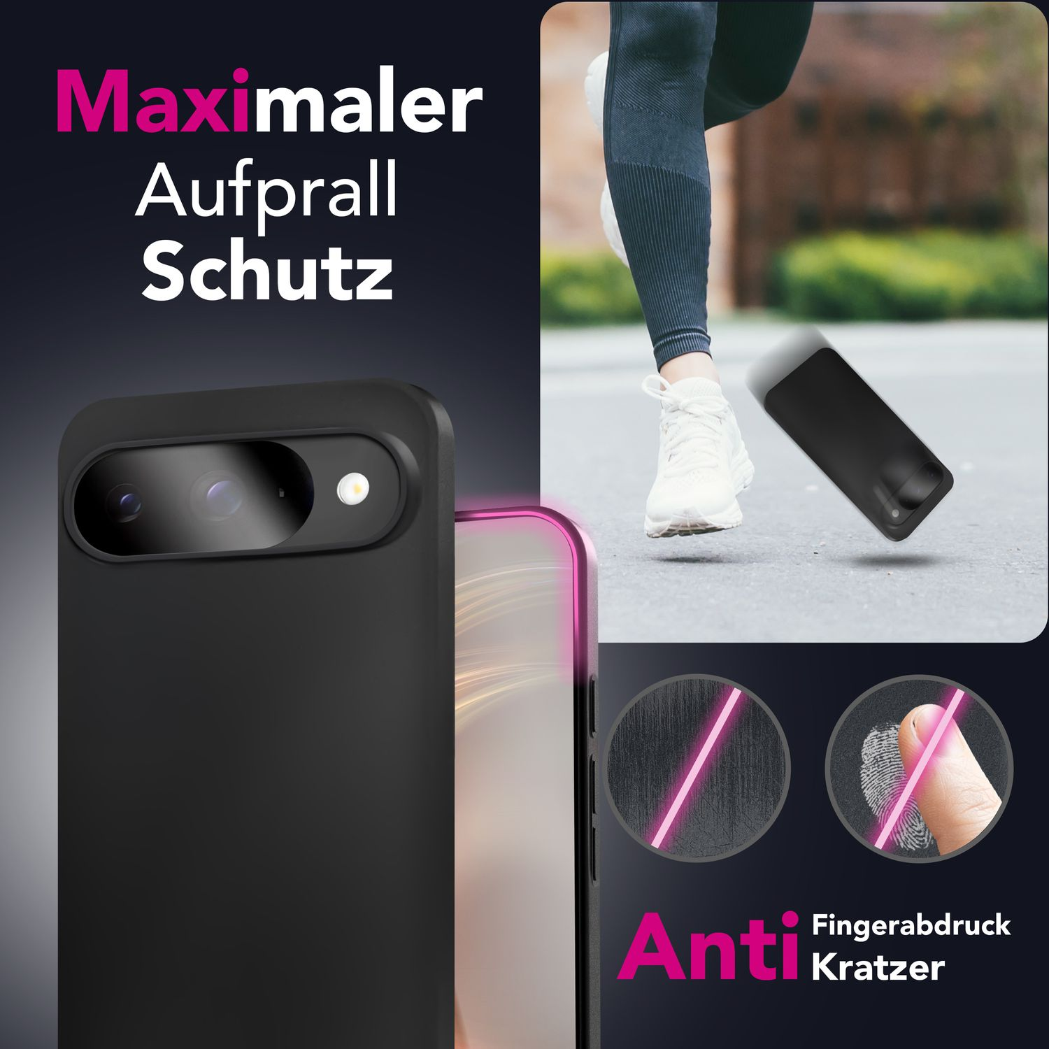 Custodia nera per telefono con corridore sullo sfondo. Il testo dice 'Maximaler Aufprall Schutz' e 'Anti Fingerabdruck Kratzer'.
